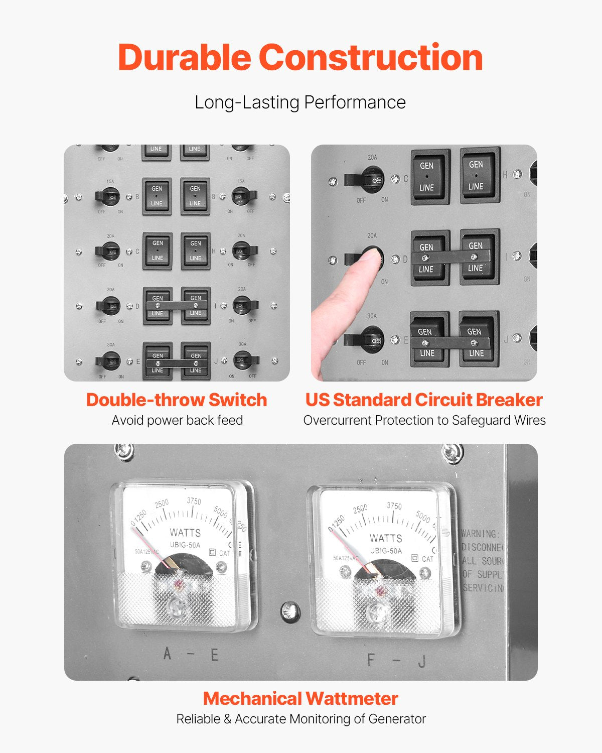 Manual Transfer Switch 50A 12500W Weatherproof Generator Power Switch Kit