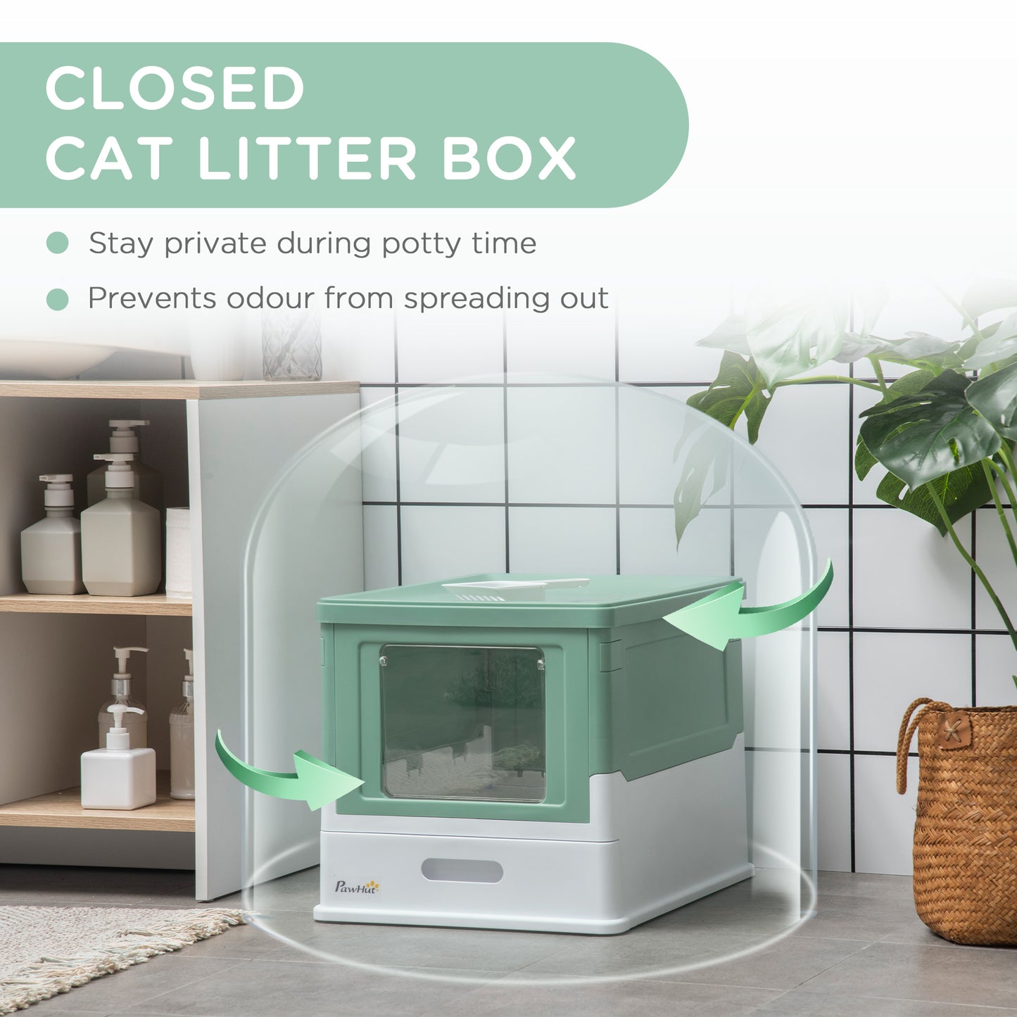 Large Enclosed Portable Cat Litter Box with Scoop - Green