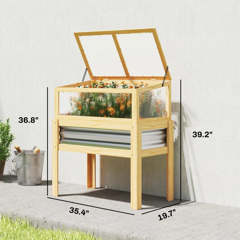 Elevated Raised Garden Bed with Cold Frame - Natural Wood