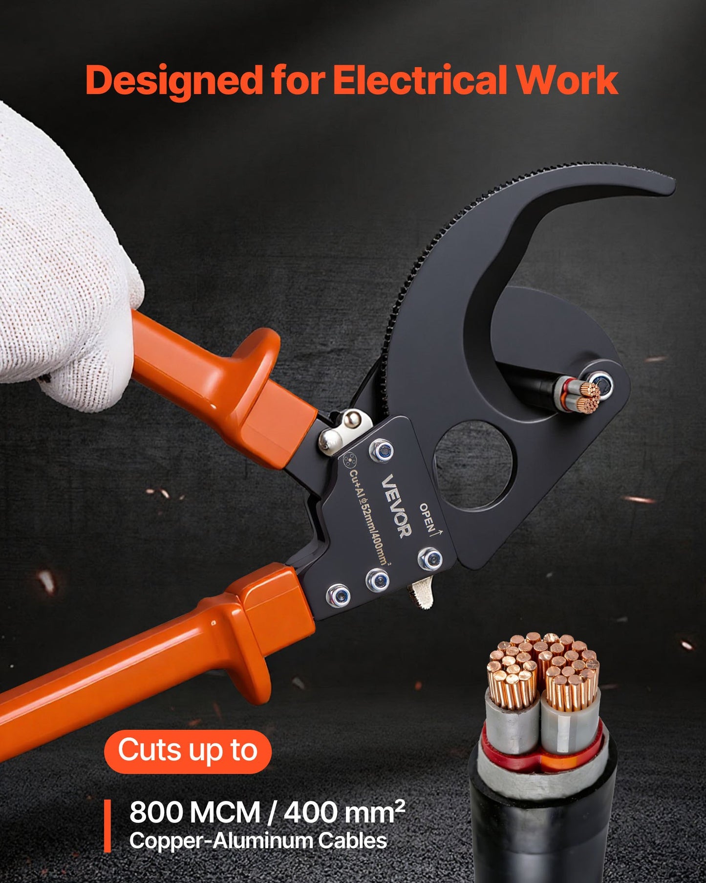 Heavy Duty Ratchet Cable Cutter for Copper & Aluminum Wires - Up to 800 MCM