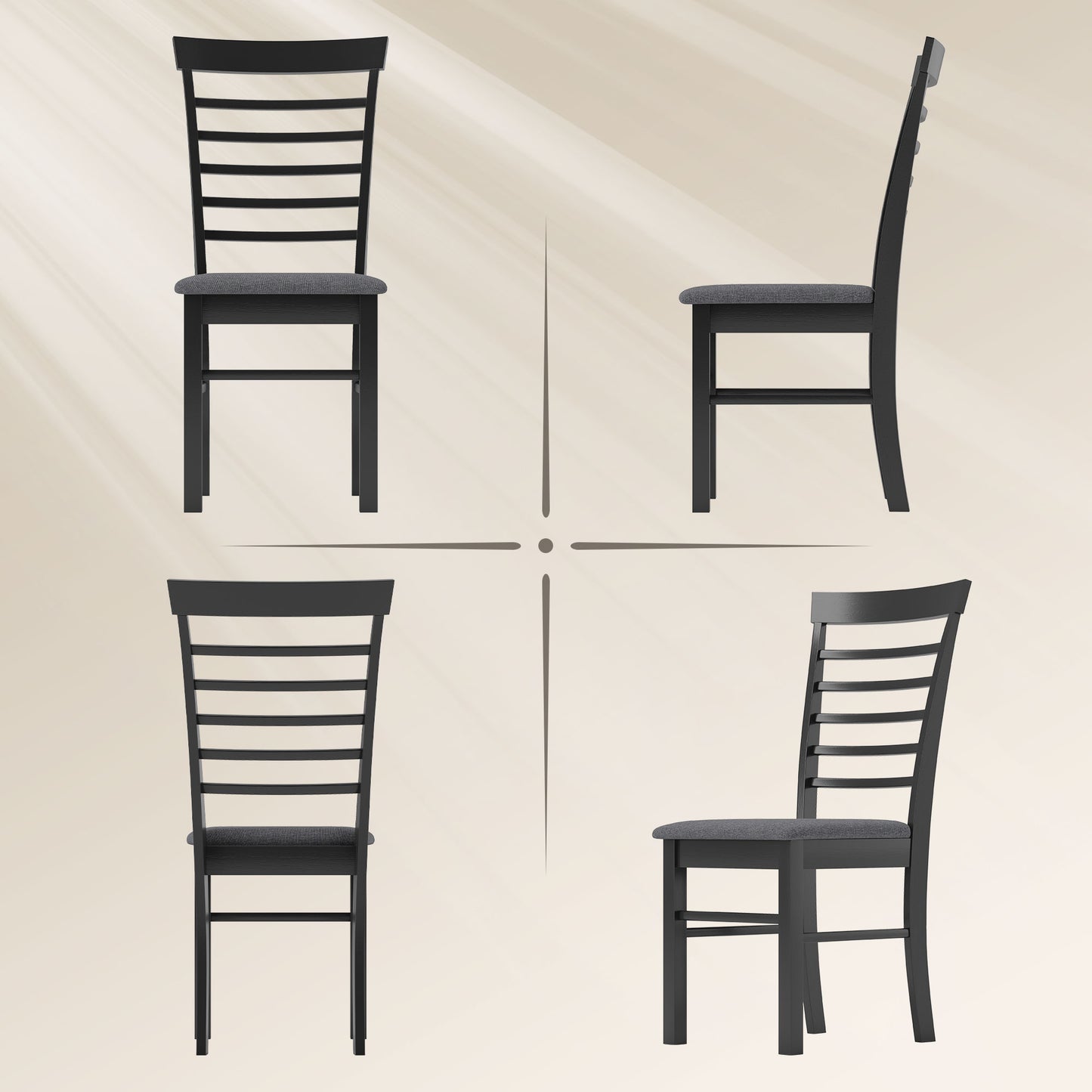 Set of 4 Farmhouse Dining Chairs - Upholstered Rubber Wood Frame in Black & Gray