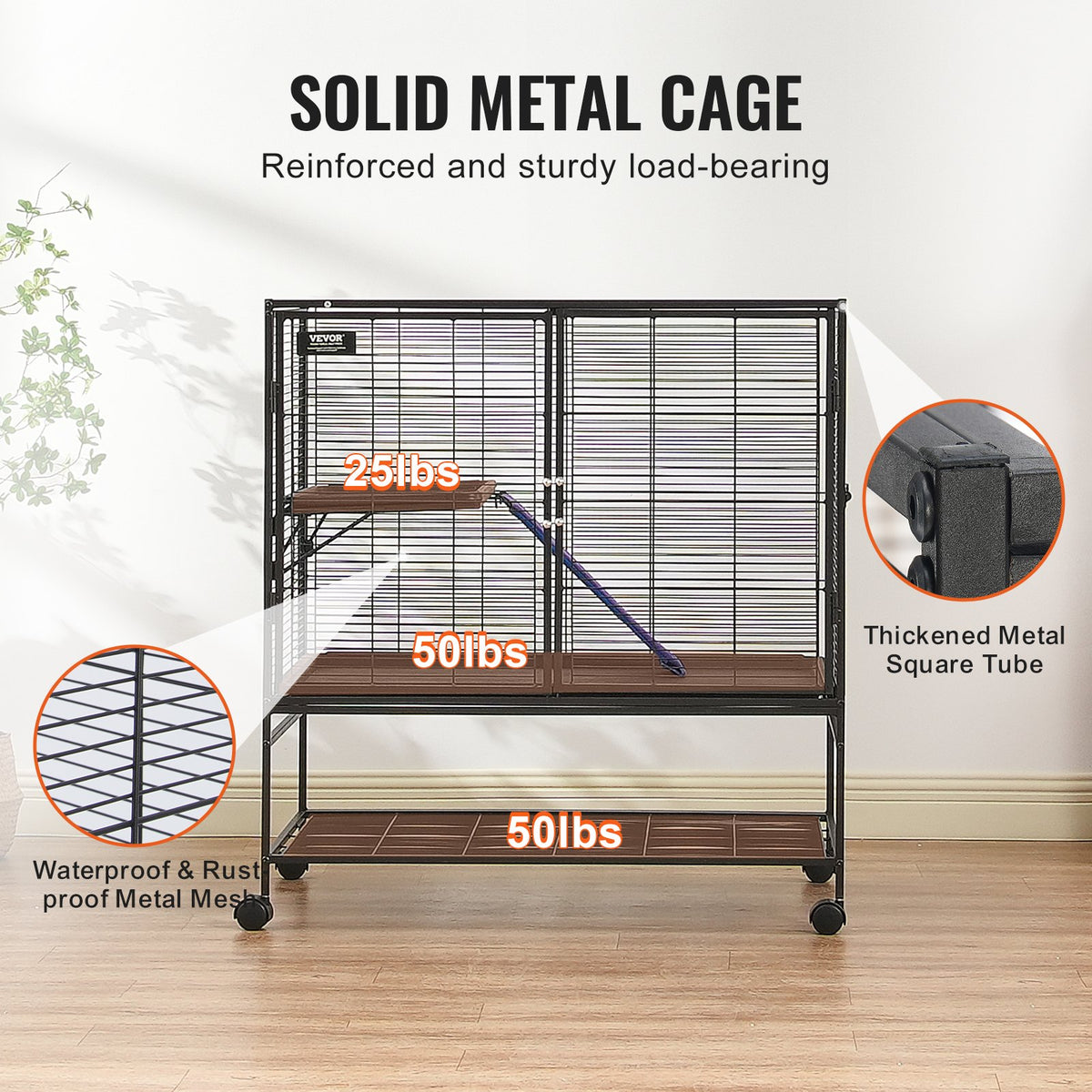 Small Animal Cage 2-Tier Metal Ferret Cage with Rolling Tray & Ramp - Black