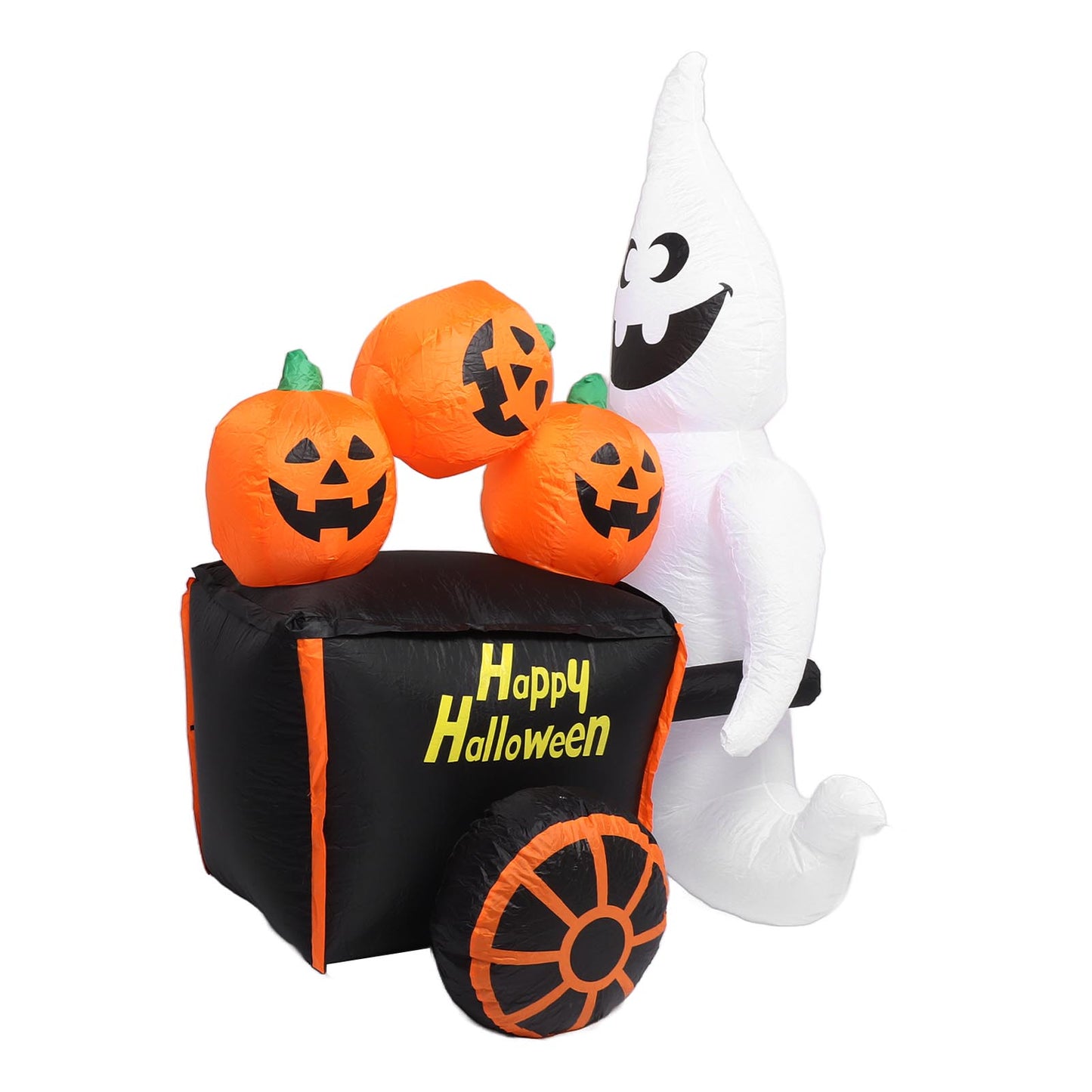 6ft Halloween Inflatable Ghost Pushing Pumpkin Cart Decor IP44 With