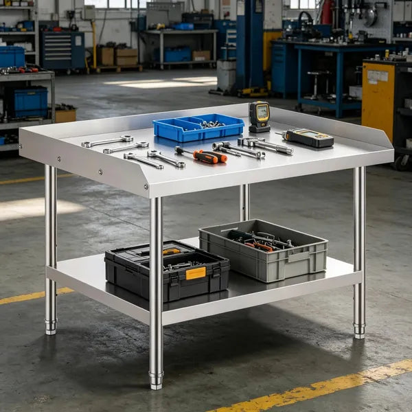 Sleek Metal Work Table With Easy To Clean And Adjustable Shelves For