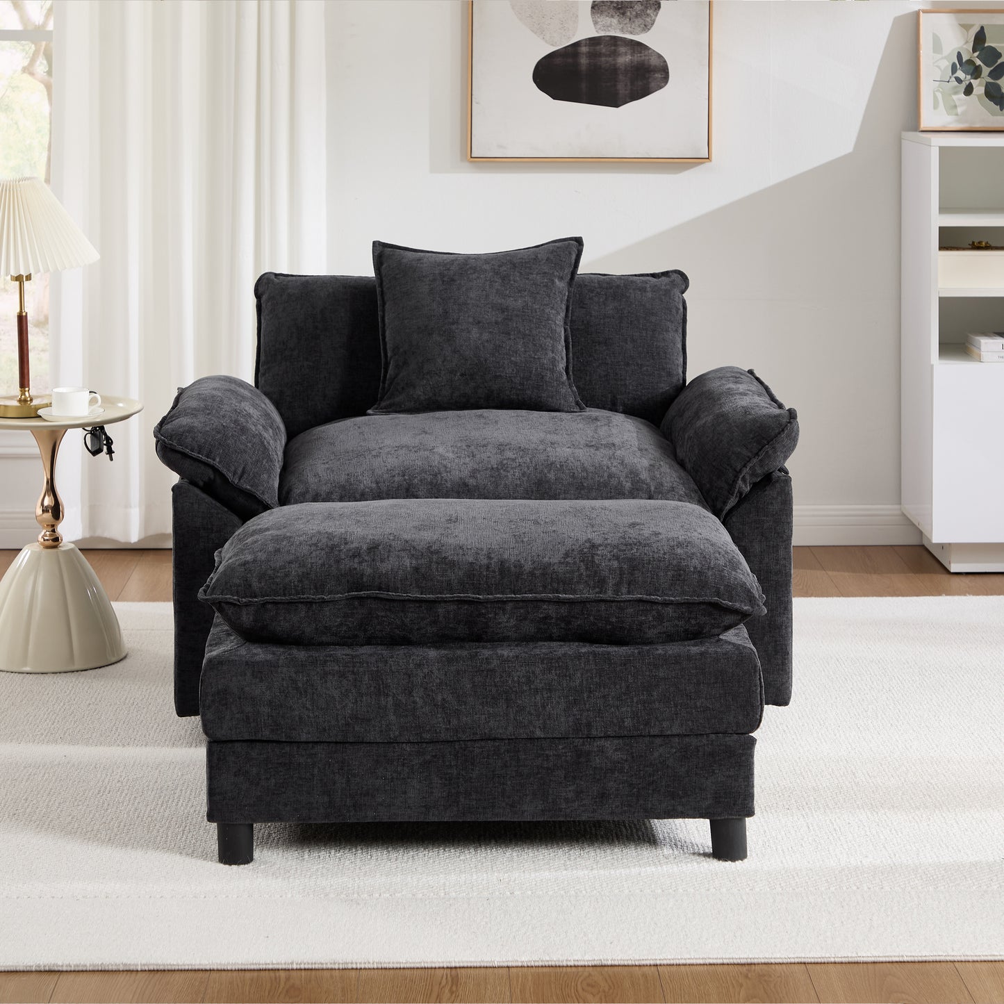 Modern Chenille Accent Chair with Ottoman - Black