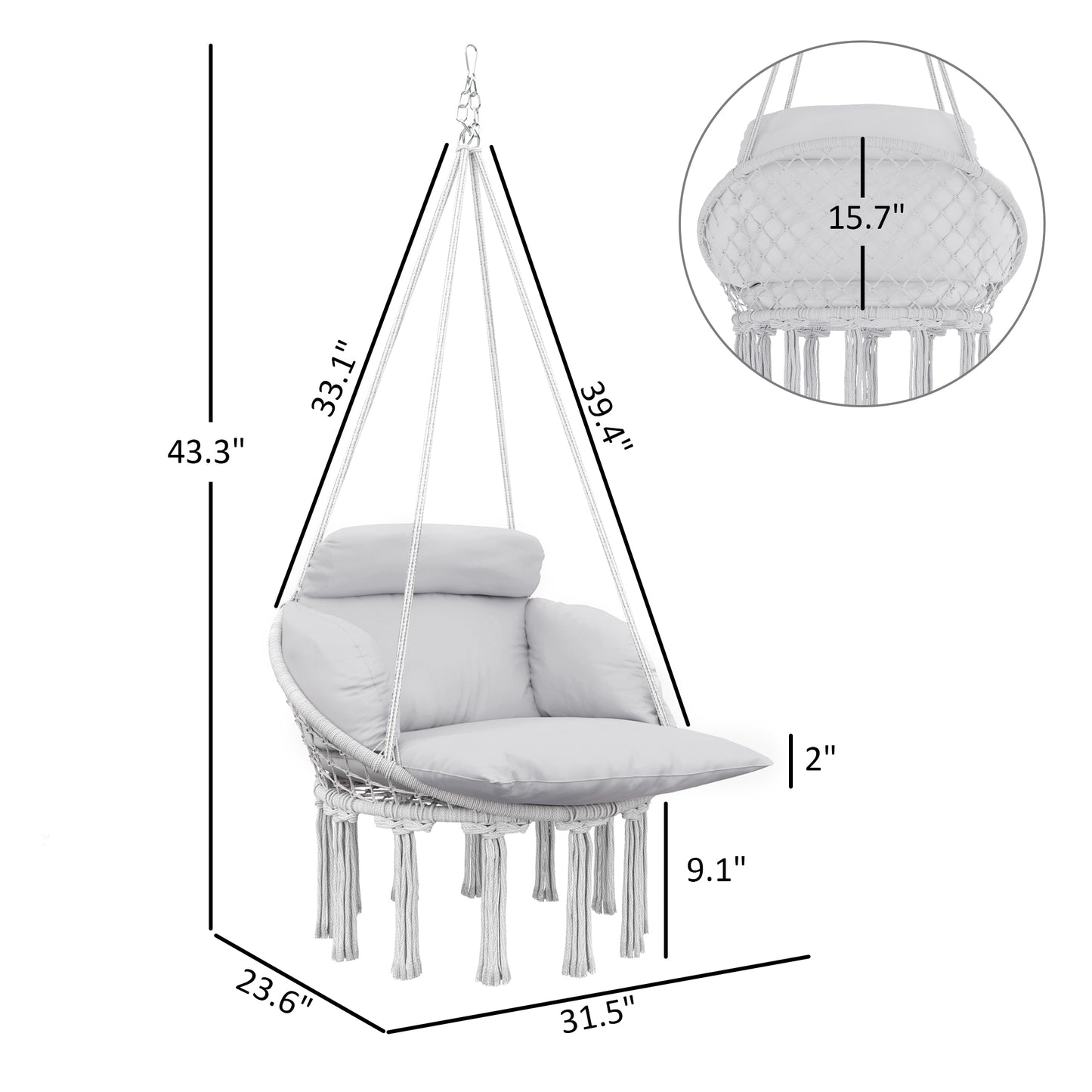 Hammock Swing Chair with Large Cushion - Gray Indoor/Outdoor