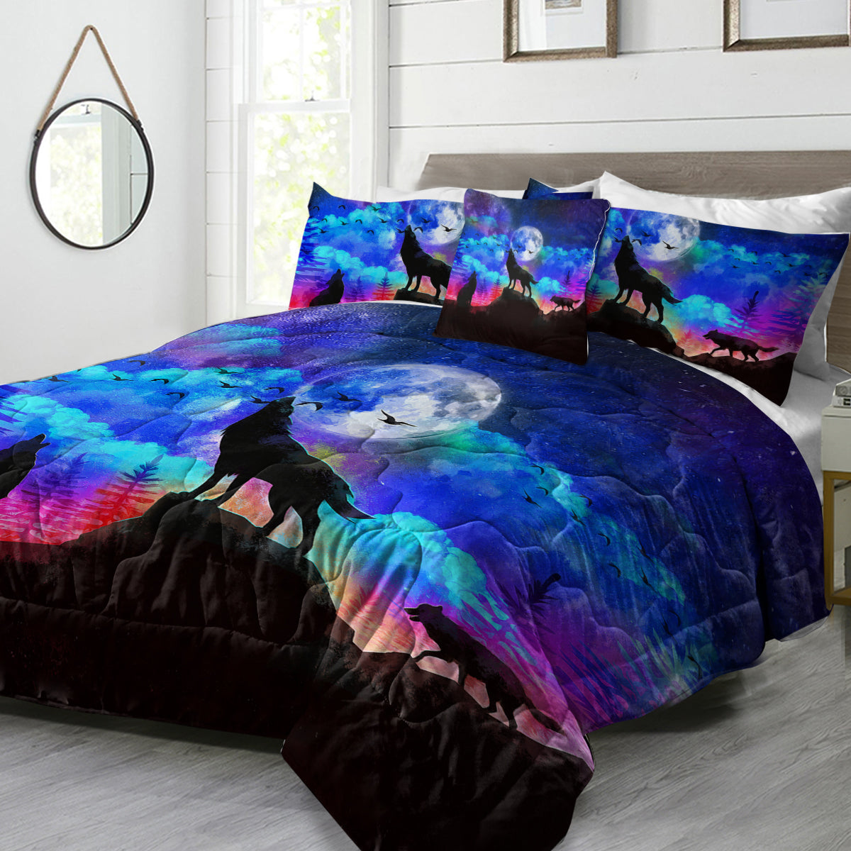 3D Wolf Comforter Set - 4 Piece Bedding Set in Purple & Blue