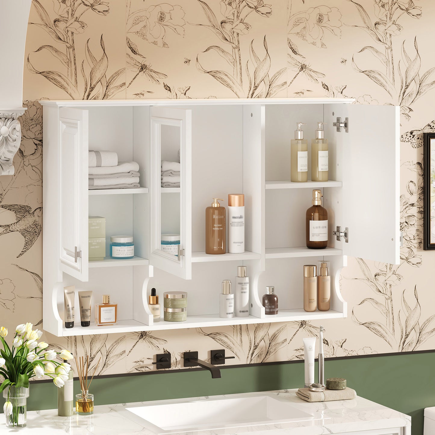 41 Inch Mirror Medicine Cabinet With Open Shelves, Wall Mounted Home