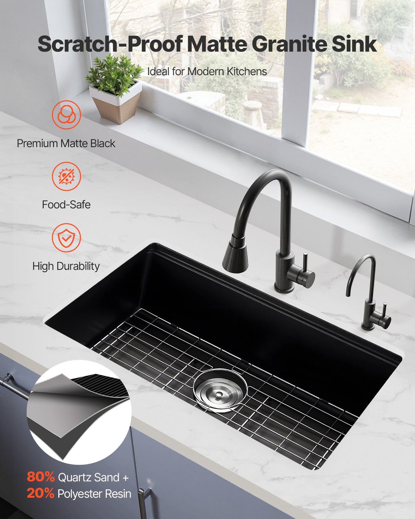 30 Inch Black Granite Composite Undermount Kitchen Sink