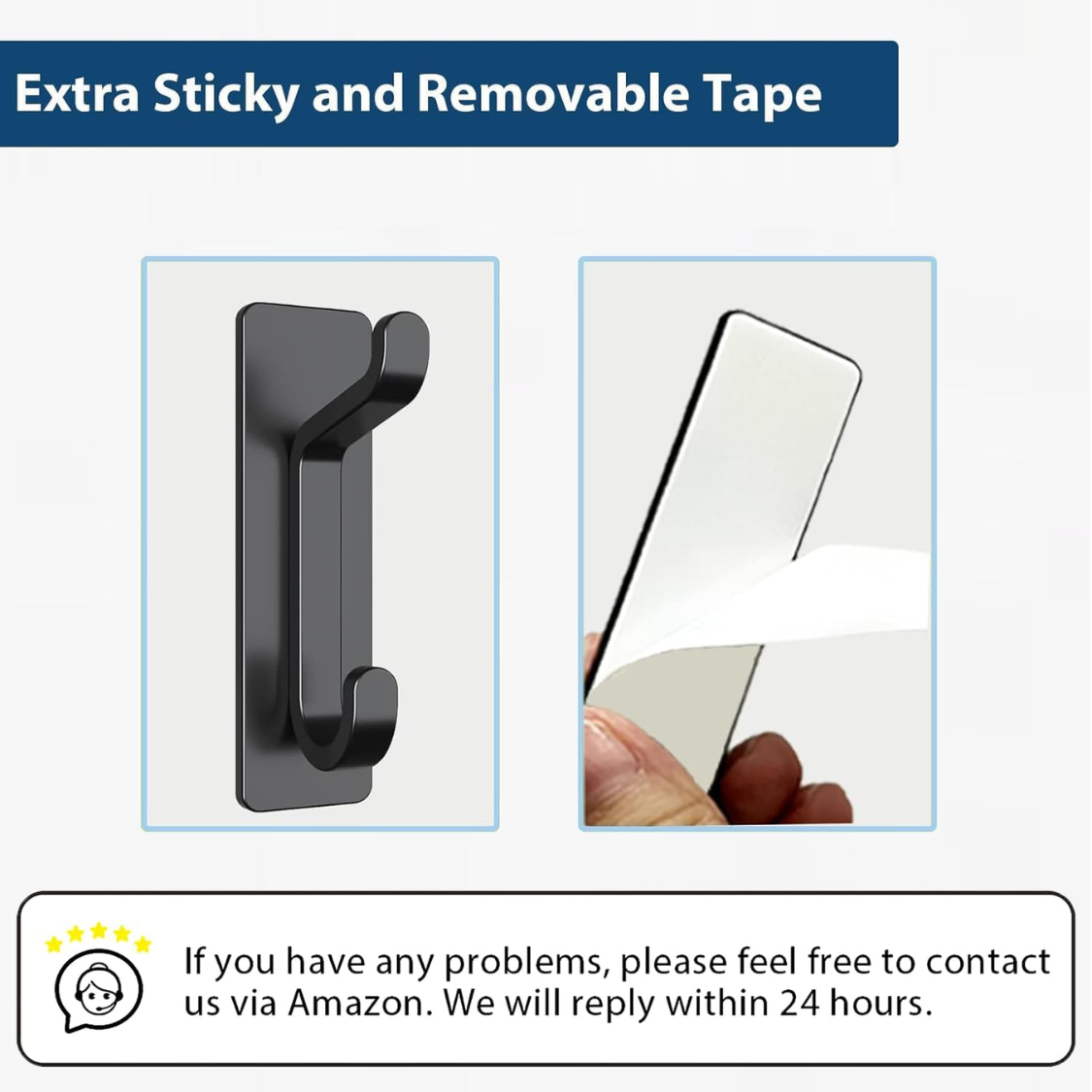 Heavy Duty Adhesive Wall Hooks 4 Pack - Black, 13LB Hold, Double Hook Design