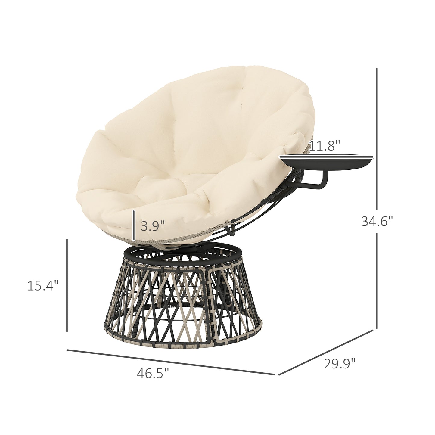 Swivel Papasan Chair - Outdoor Seating with Side Tray - Beige & Dark Gray