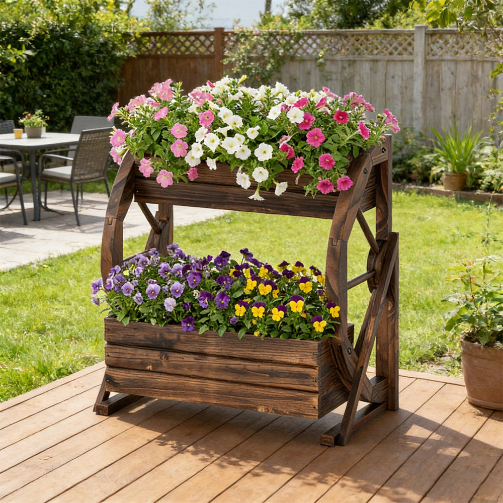 2-Tier Rustic Wooden Garden Bed with Drainage Holes - Coffee