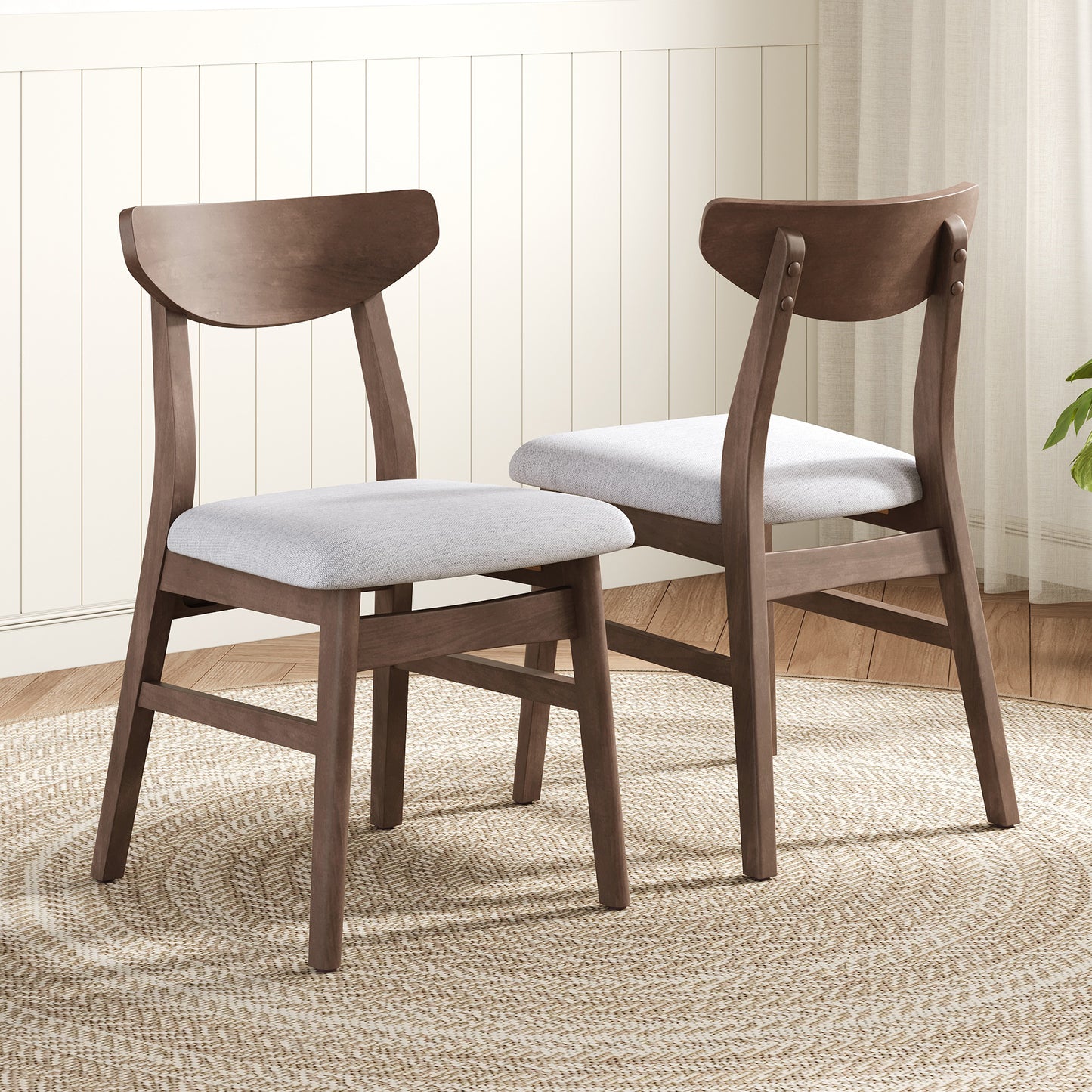 Set of 2 Modern Scandinavian Dining Chairs - Gray Fabric & Brown Wood