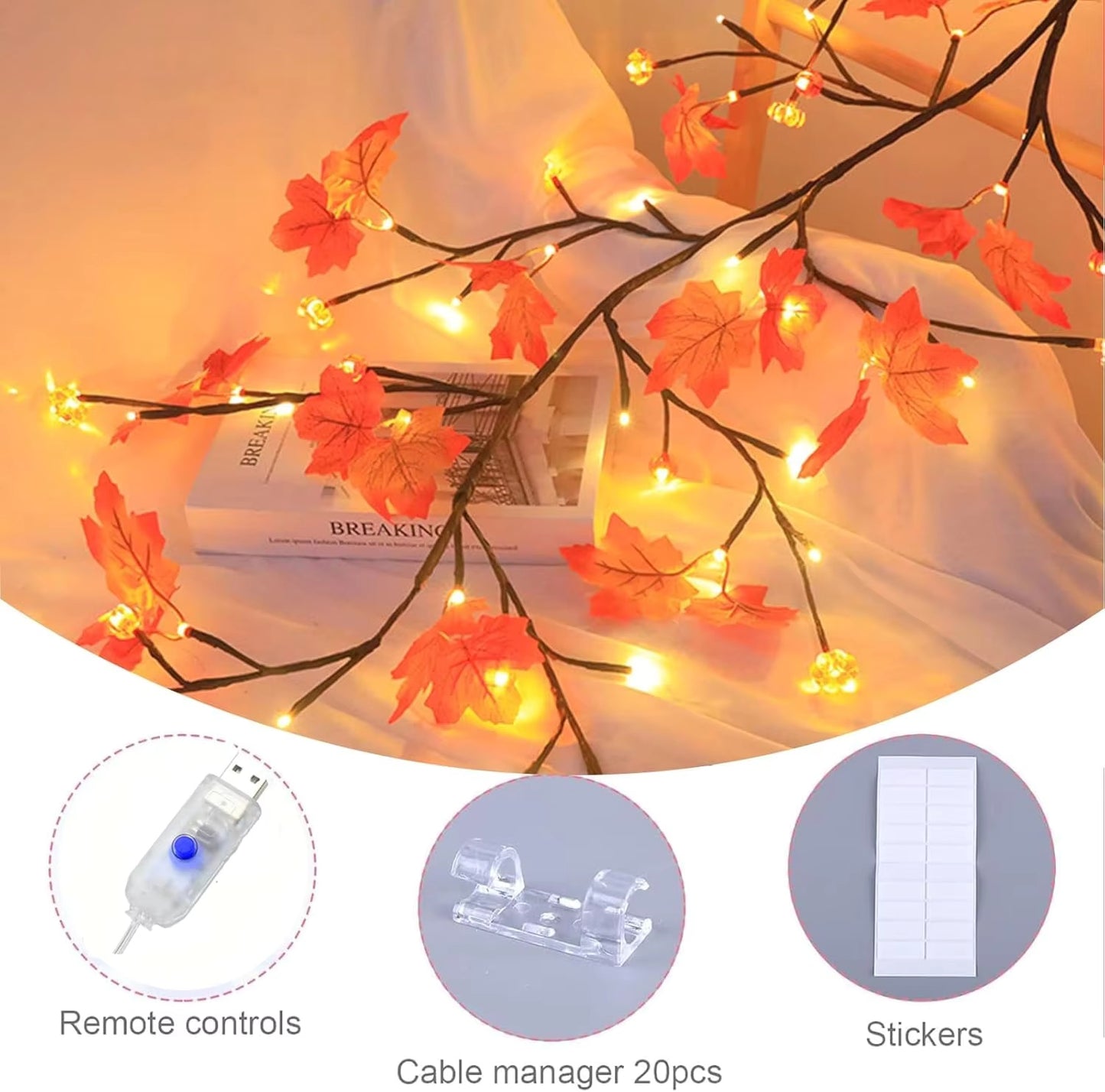 Maple Leaf LED Tree Branch String Lights with Remote - Indoor Wall Decor, 138LED & 8 Modes
