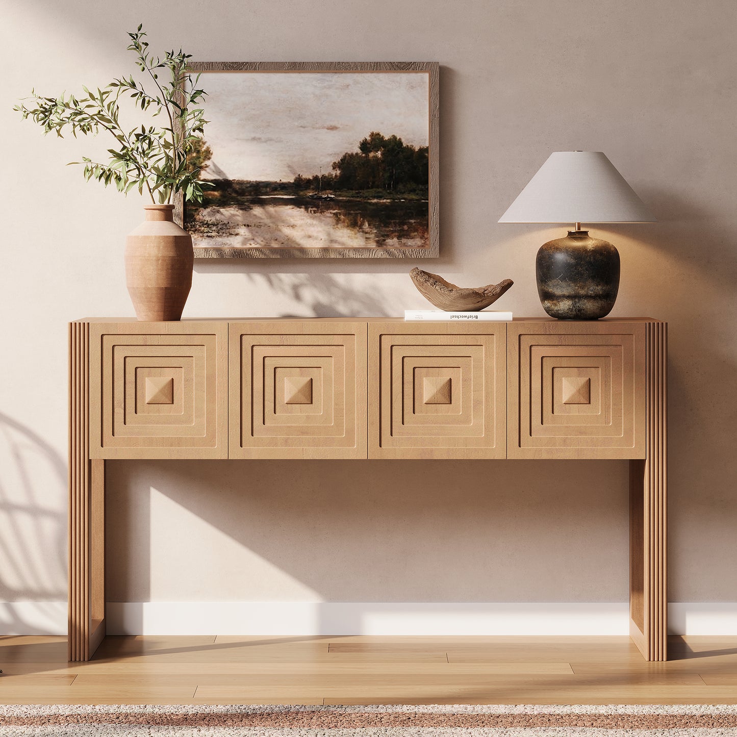 Geometric Carved Console Table with 3 Soft-Close Drawers - Light Brown