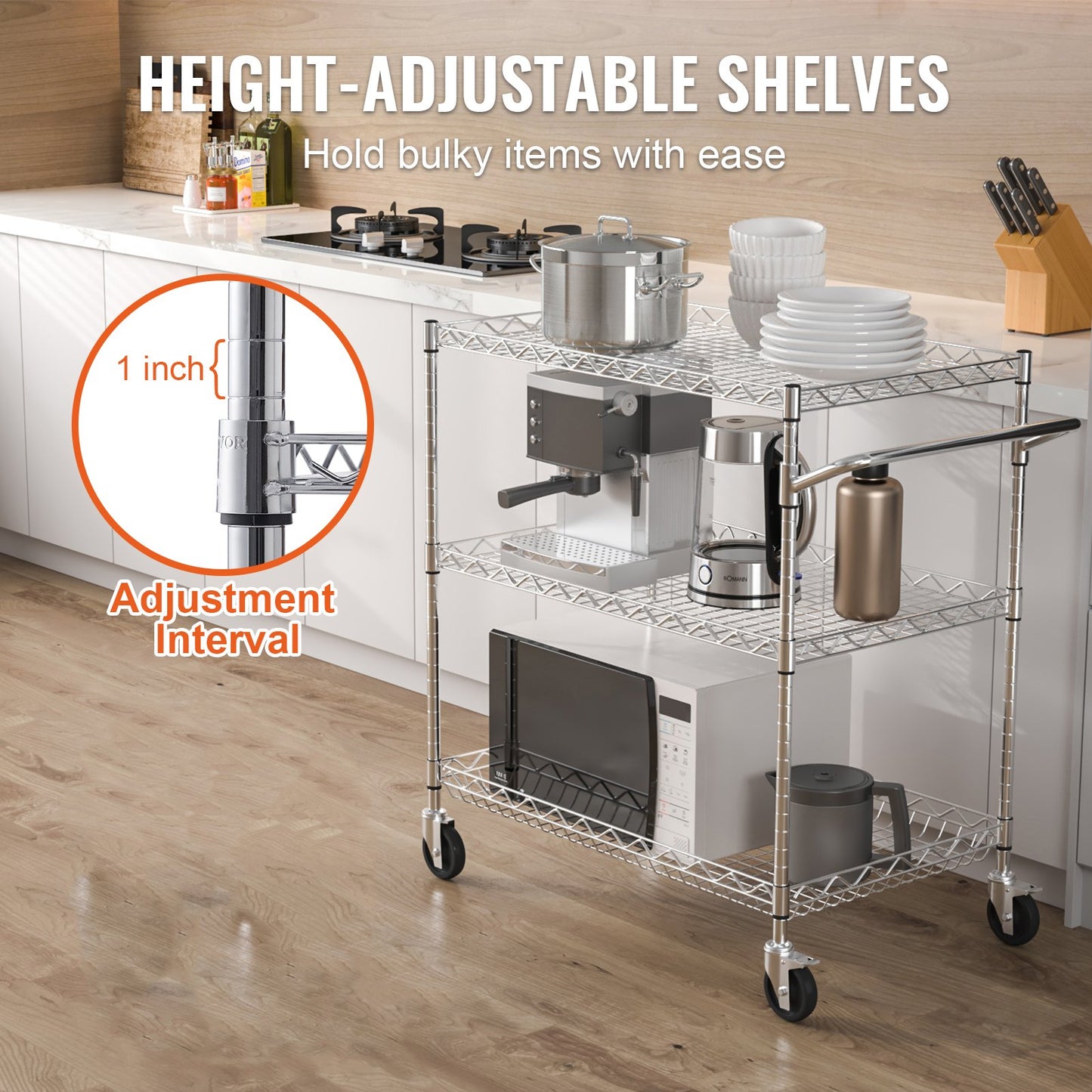 3-Tier Rolling Utility Cart - Heavy Duty Kitchen Storage