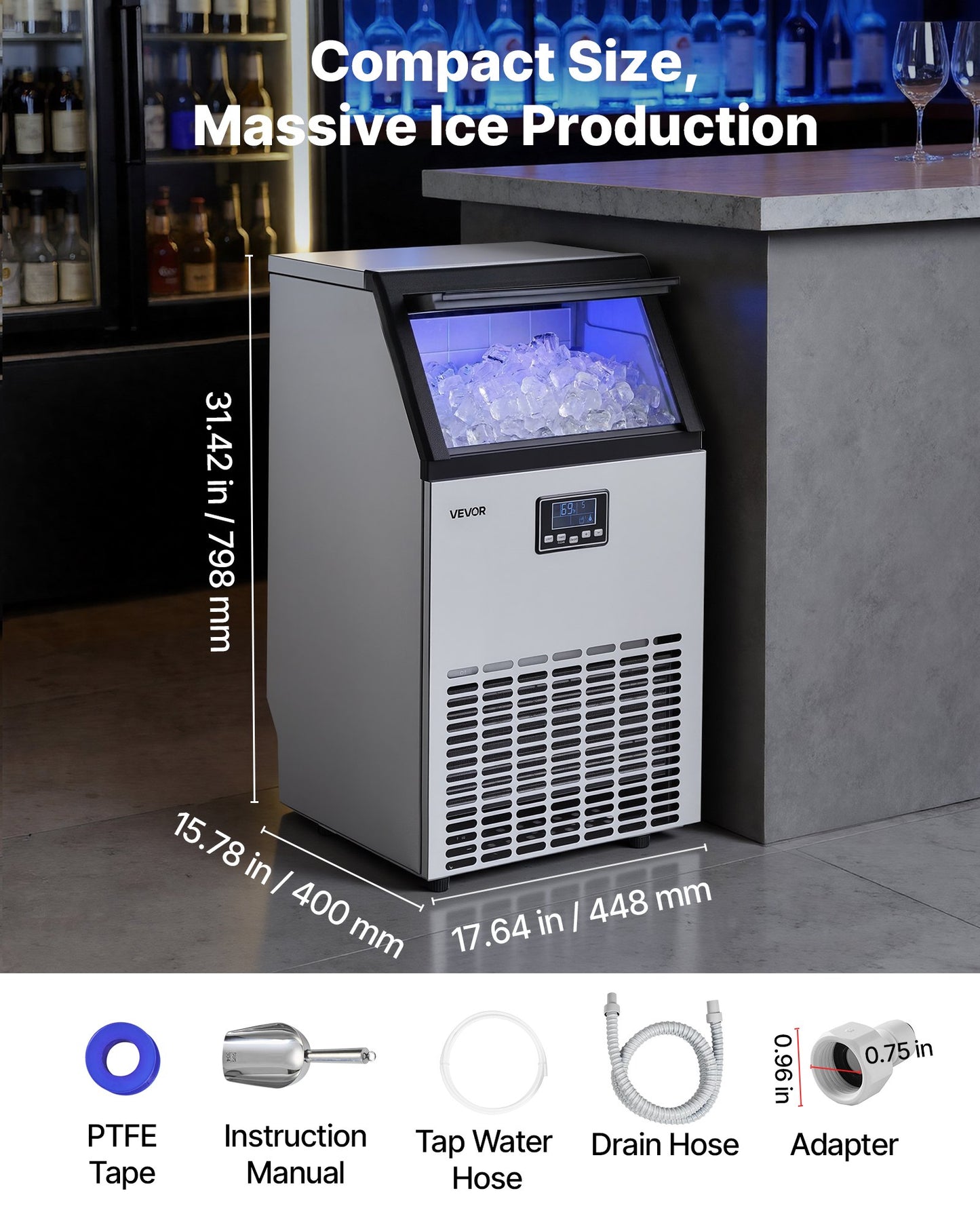 Commercial Ice Maker Machine 100 Lbs/24h with 26 Lb Storage - Stainless Steel, Built-in & Freestanding