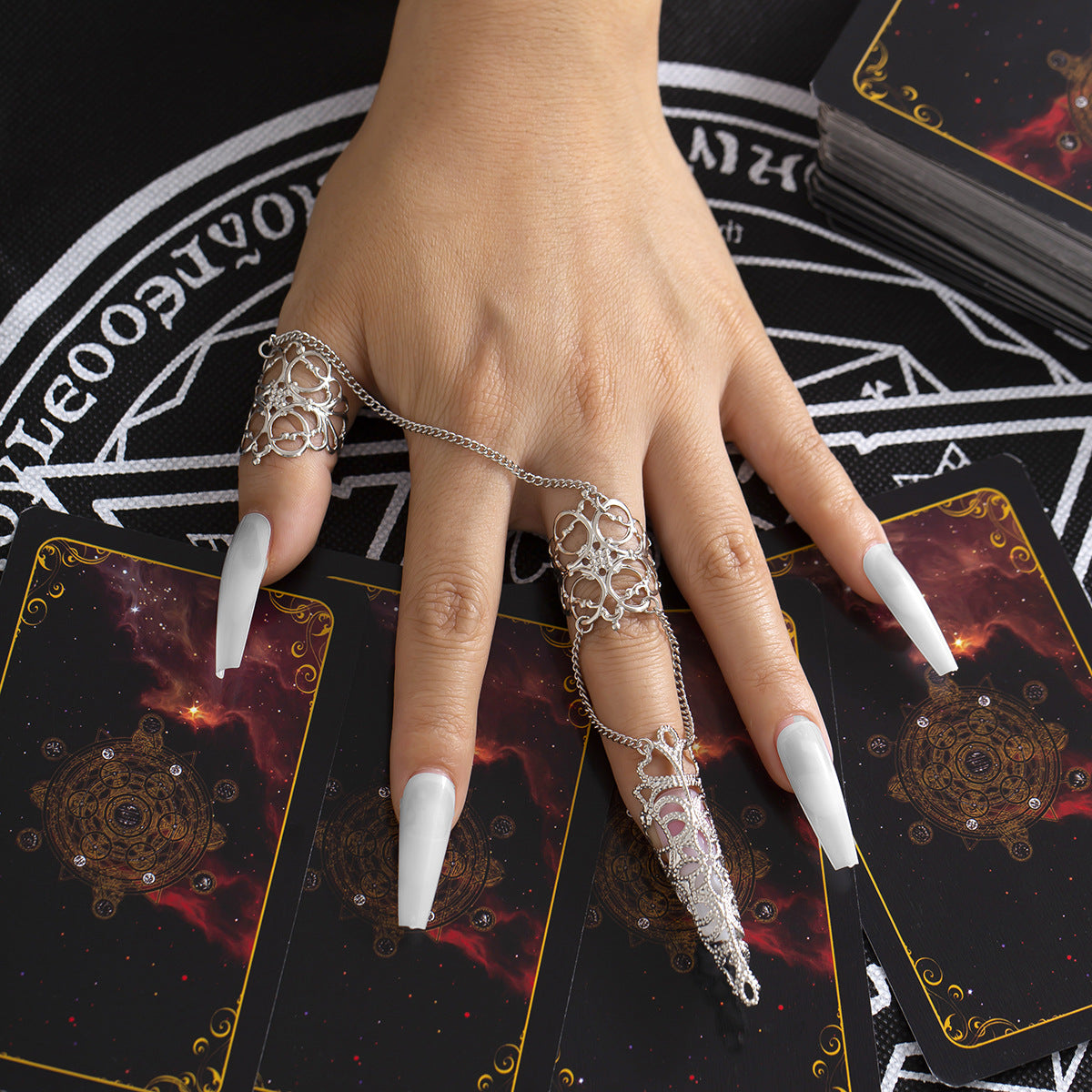 Gothic Style Hollow Tapered Fingernail Ring with Tassel and Geometric Design