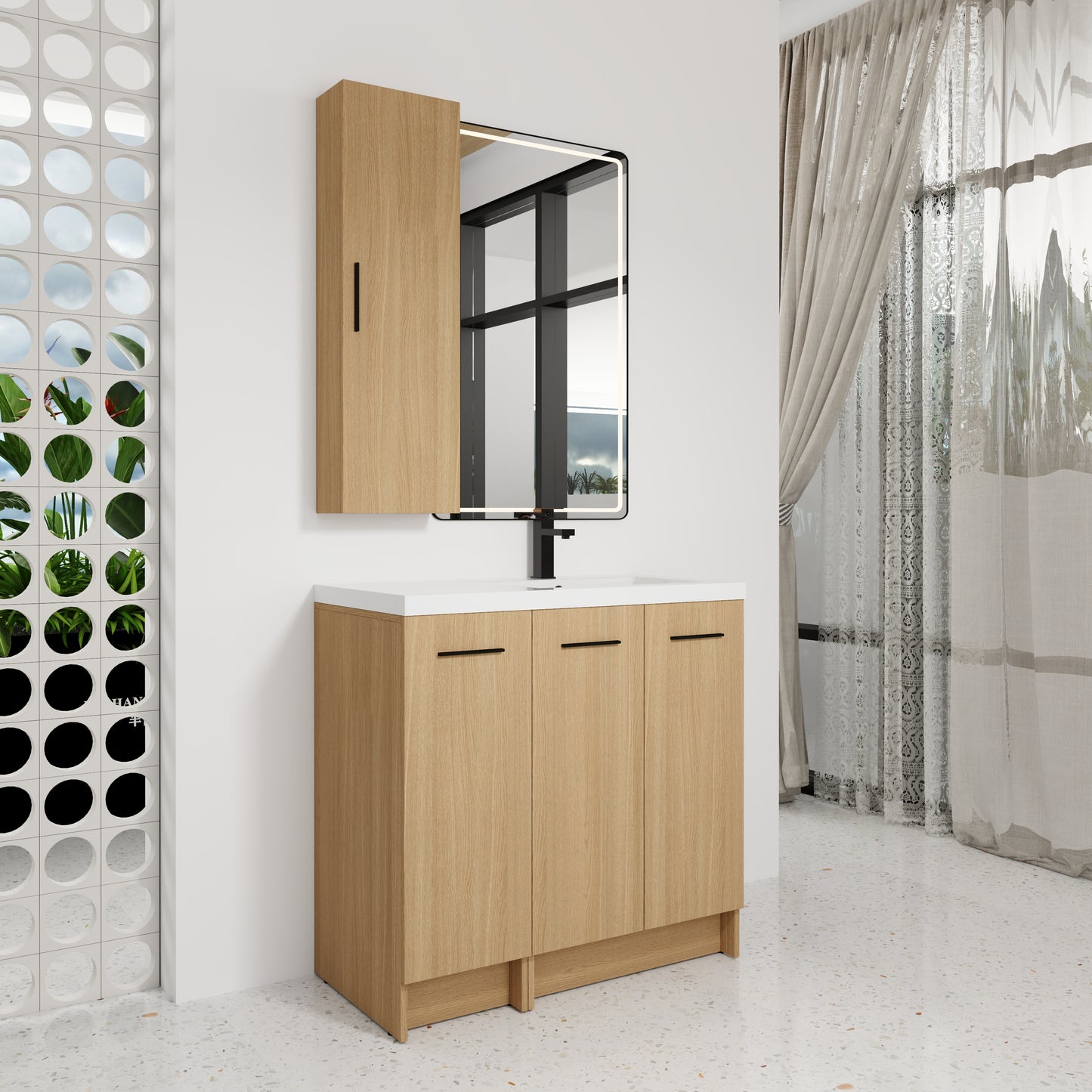 36" Freestanding Bathroom Vanity Set with Linen Cabinet - Light Oak