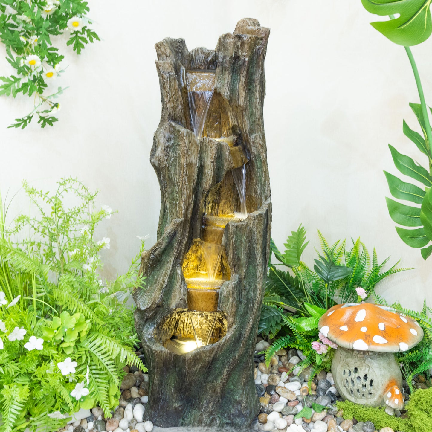 Outdoor Waterfall Fountain with LED Lights - Garden & Patio Decor, Grey