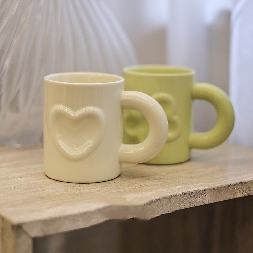 Ceramic Milk Mug Set - Cute Cream and Mint Heart & Flower Designs, Nordic Style, 300ml