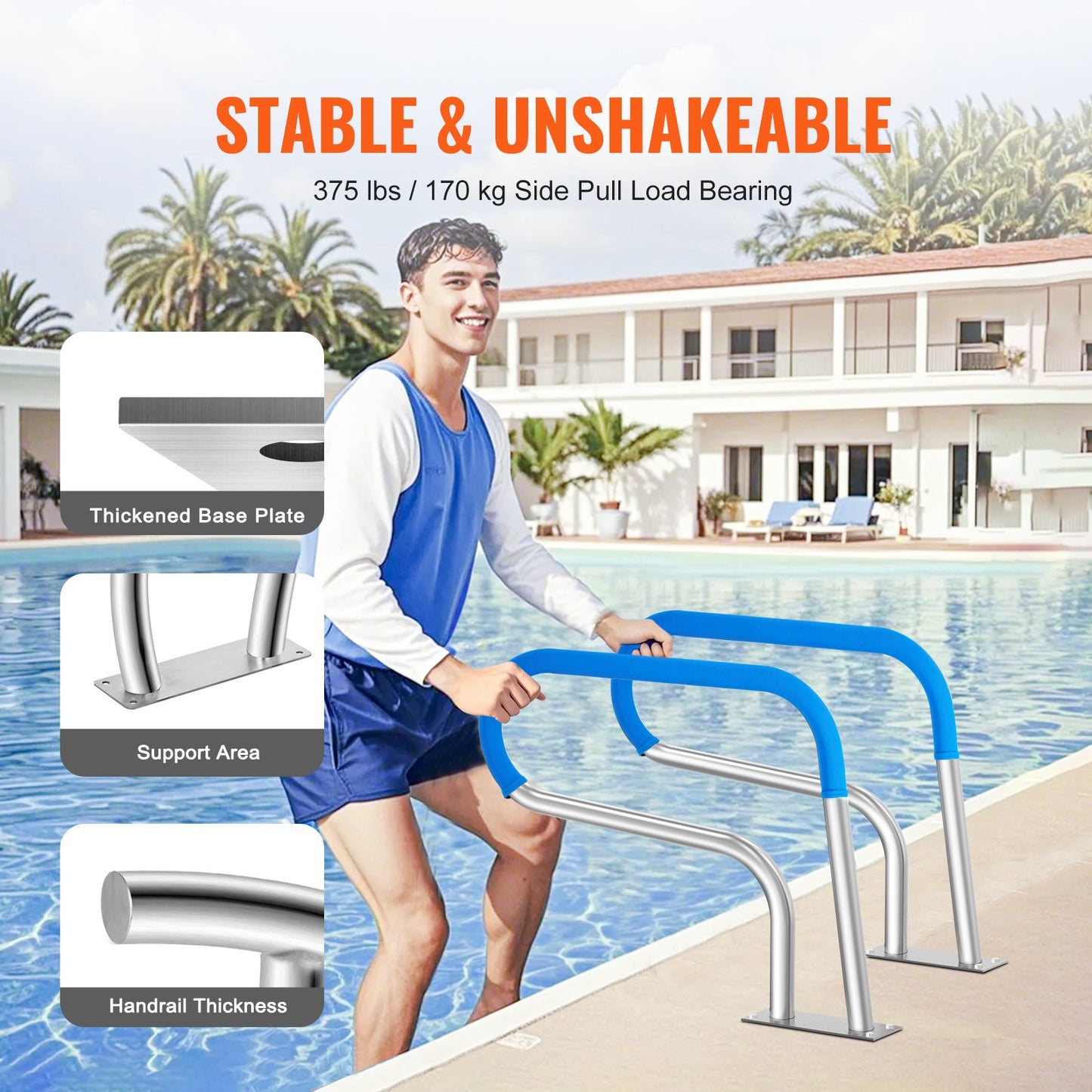 Stainless Steel Pool Handrail 32x23 Inch Safety Railing for Indoor Outdoor Pools