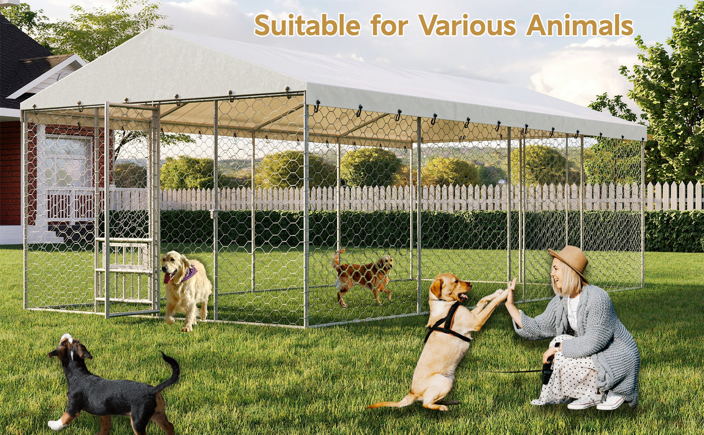 Large Outdoor Dog Kennel with Canopy - Heavy Duty Galvanized Steel Frame, Waterproof Cover, Elevated Feeders, Escape-Proof Lock - 20x10 ft