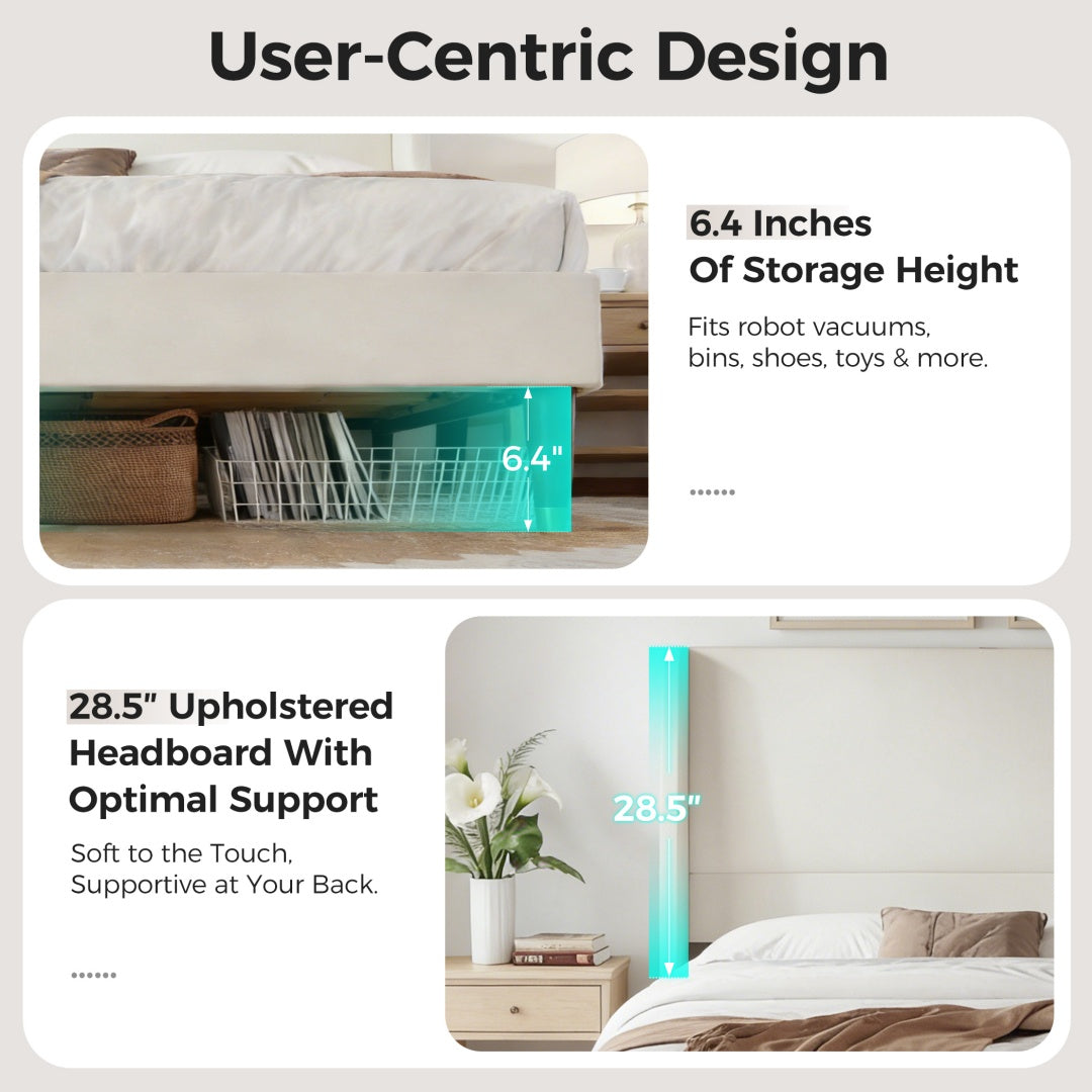 Full Size Upholstered Bed Frame with USB Charging Ports - Grey