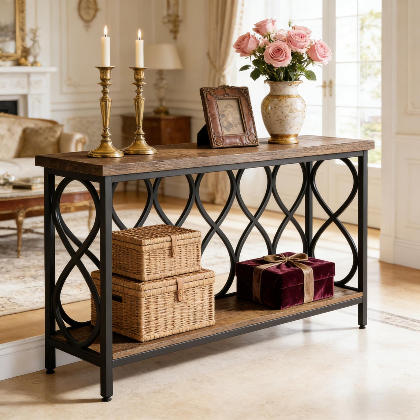 2-Tier Console Table - Rustic Brown & Black Metal Entryway Table