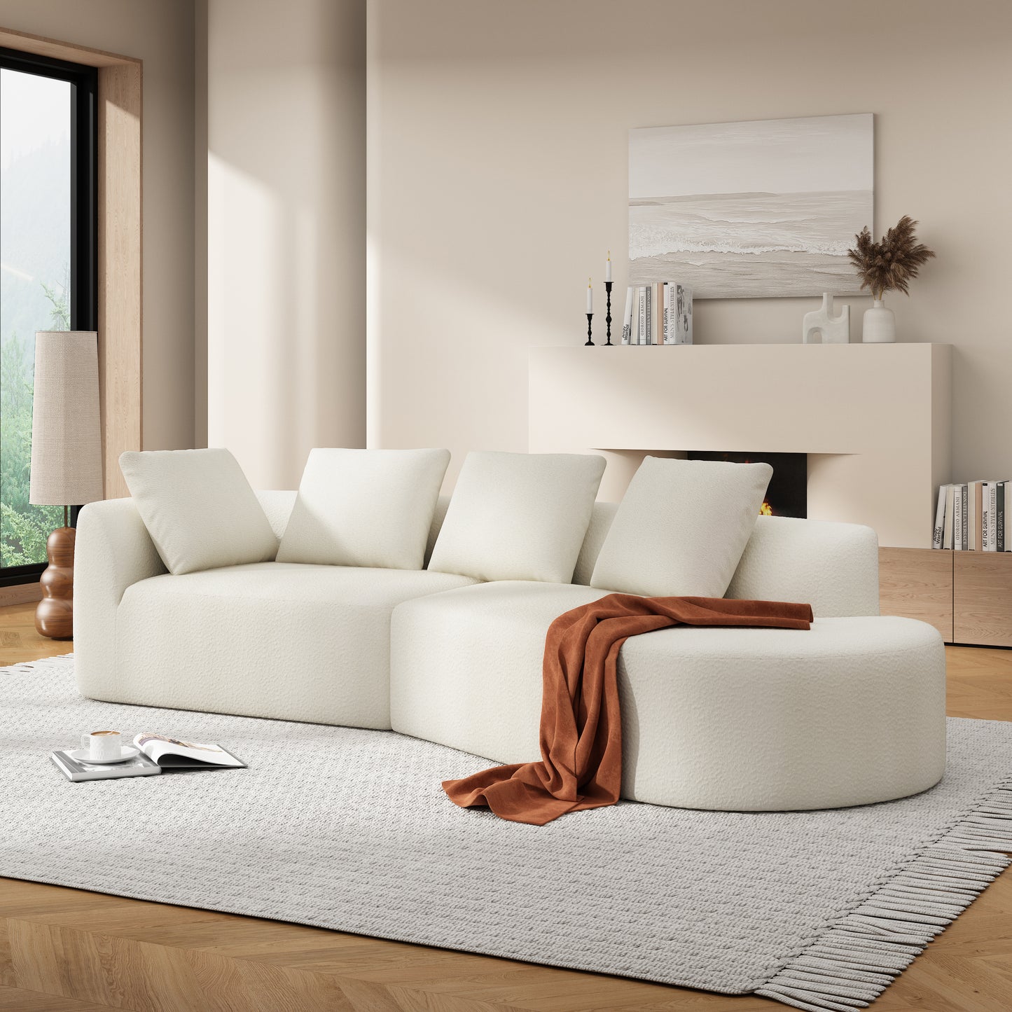 116" Modern Curved Sectional Sofa - Beige Upholstery, 2-Piece Set