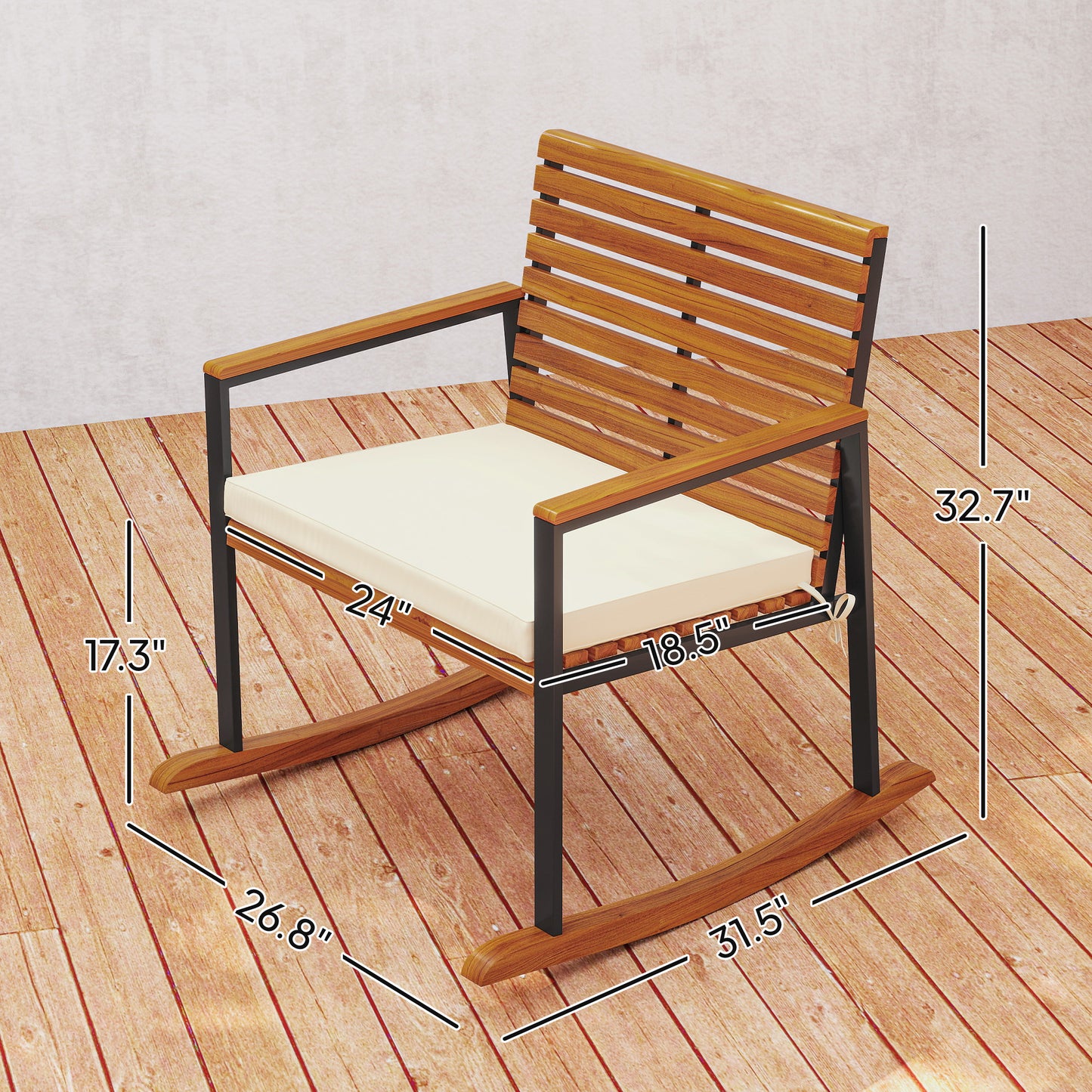 Acacia Wood Outdoor Rocking Chair Set of 2 with Cushions - Cream White