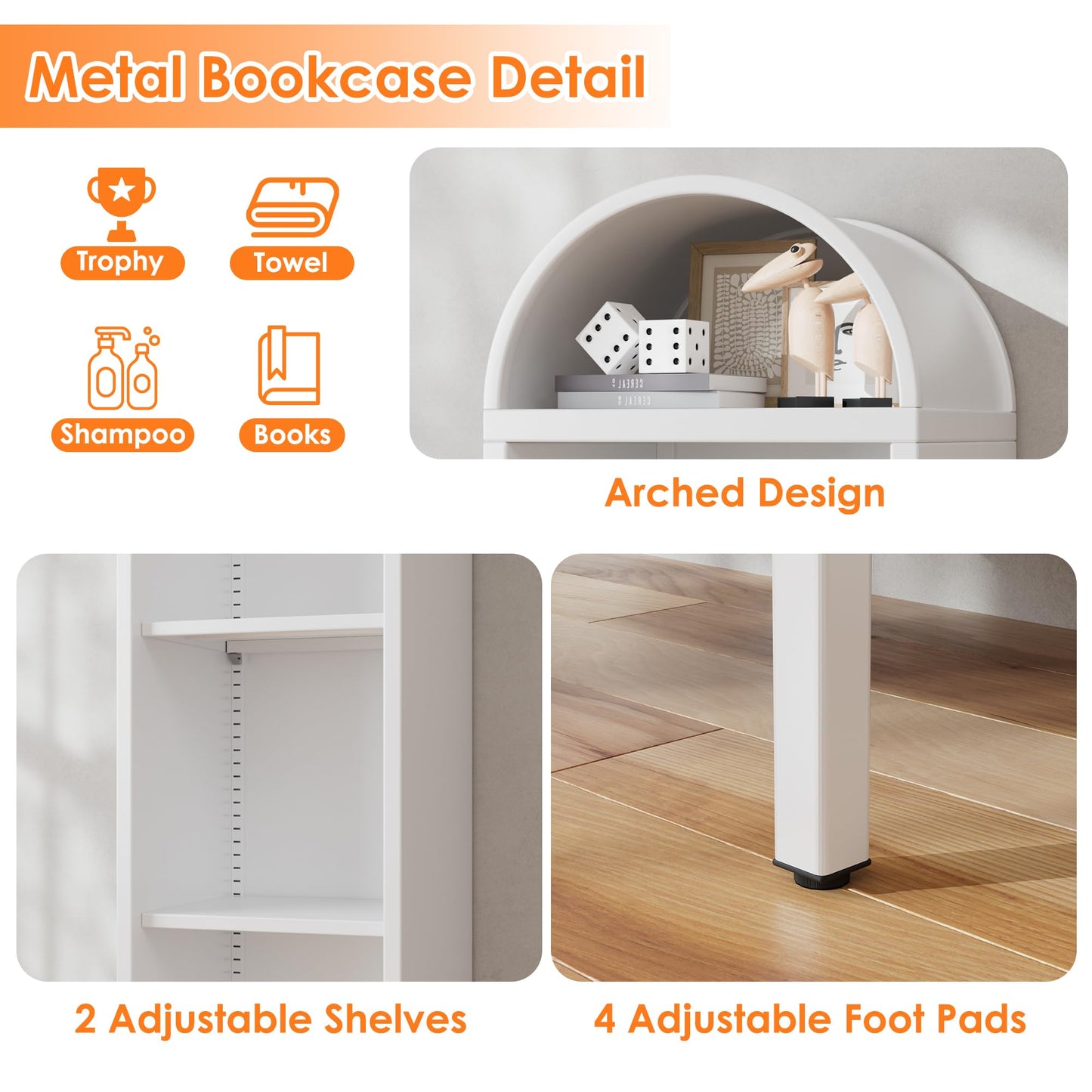 63-Inch H Arch Display Bookcase with 2 Adjustable Shelves - White