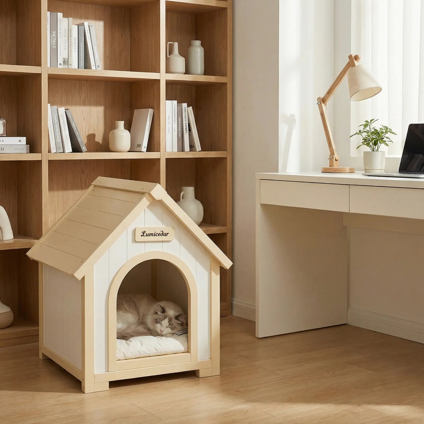 Indoor Wooden Dog House with EVA Cushion - Small Pet Shelter in Creamy White
