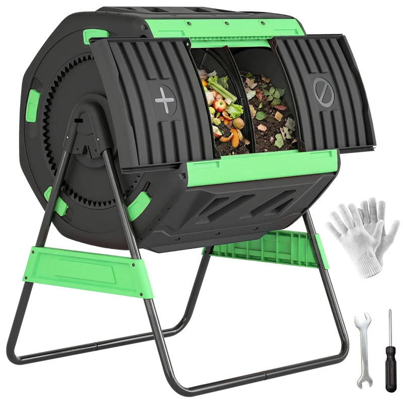 Outdoor Compost Bin 53 Gal Dual Chamber Tumbling Composter with Adjustable Vents - Green