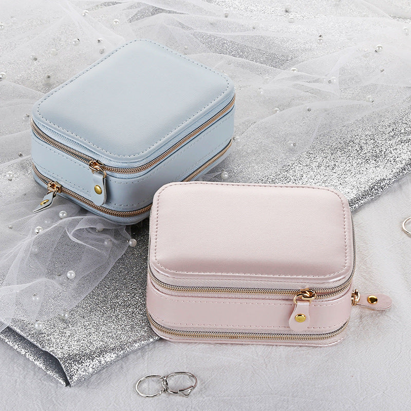 Zipper Leather Jewelry Box Storage - Pink & Light Blue