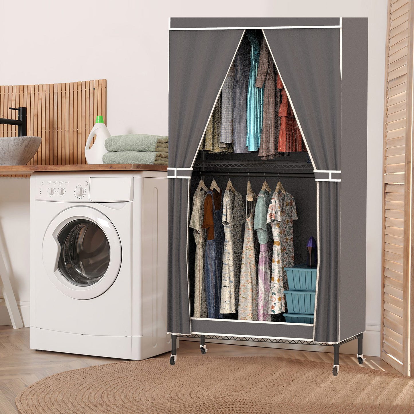 1Pc 2 Tier Foldable Clothing Rack With Cover Portable Wardrobe Closet