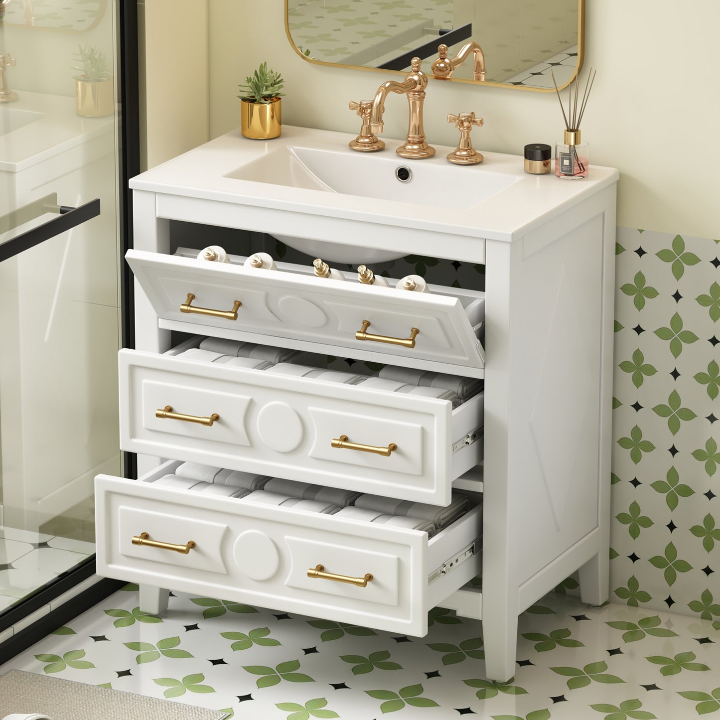 30'' White Bathroom Vanity with Ceramic Sink and 3 Drawers