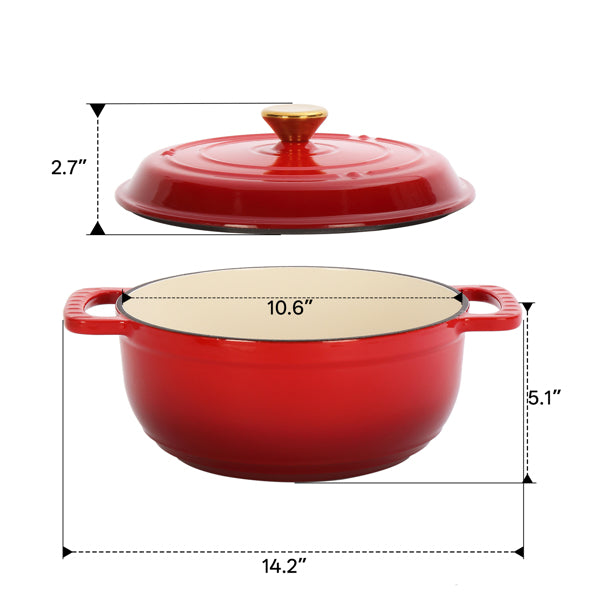 6QT Cast Iron Enamel Cooking Pot - Gradient Red with Silicone Gloves