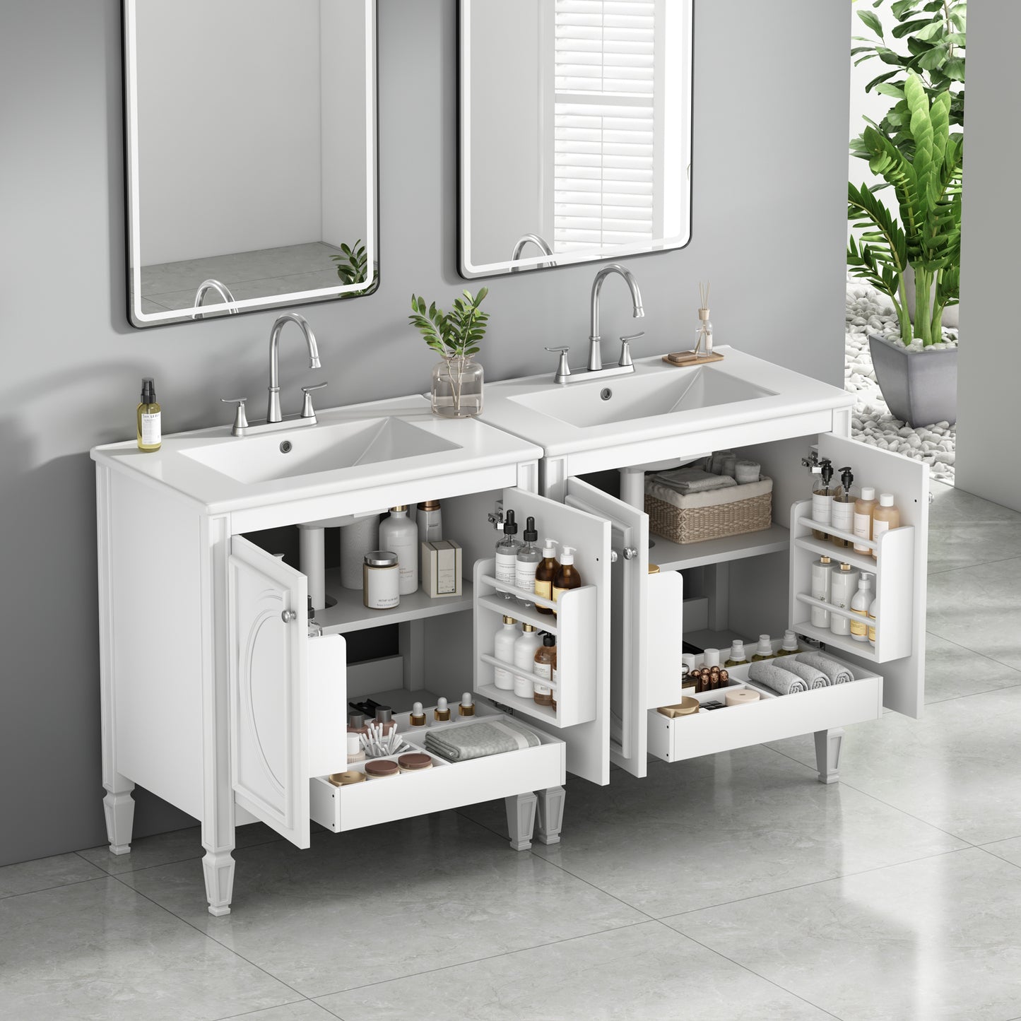 60" Bathroom Vanity Set with Double Sinks, Ceramic Sink, Soft Close Doors - White