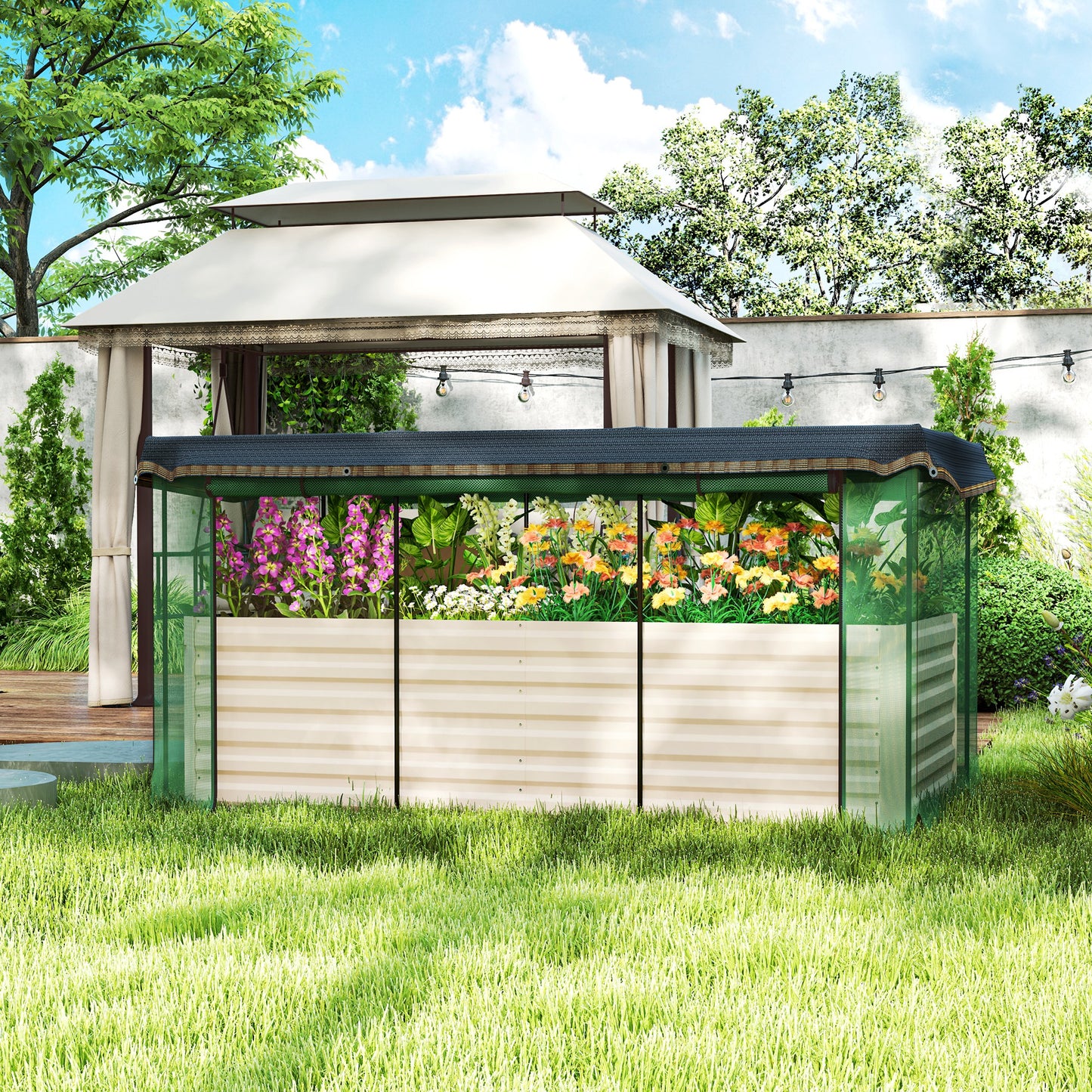 Galvanized Steel Raised Garden Bed with Crop Cage & Shade Cloth - Beige, 1185x340x150 mm