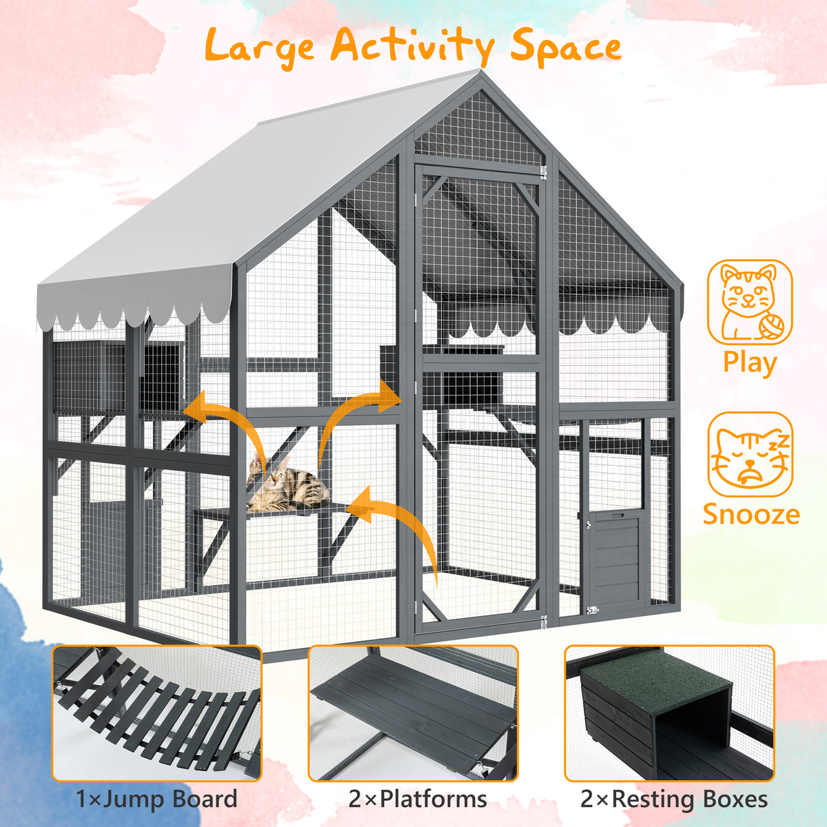 Outdoor Cat House with 2 Doors & Play Areas - Wooden Cat Enclosure, Grey