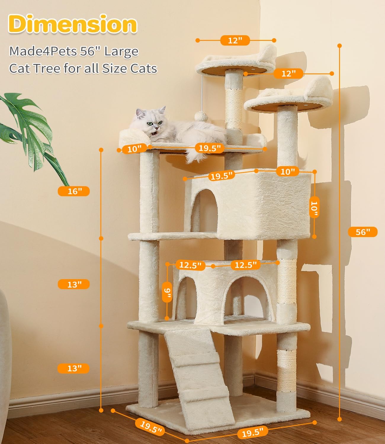 Multi-Level Cat Tree Tower with Scratching Posts and Toys - 56 Inch Indoor Cat Activity Center