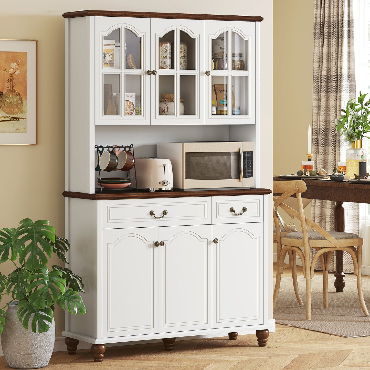 Freestanding Kitchen Buffet with Hutch - White Cabinet & Adjustable Shelves