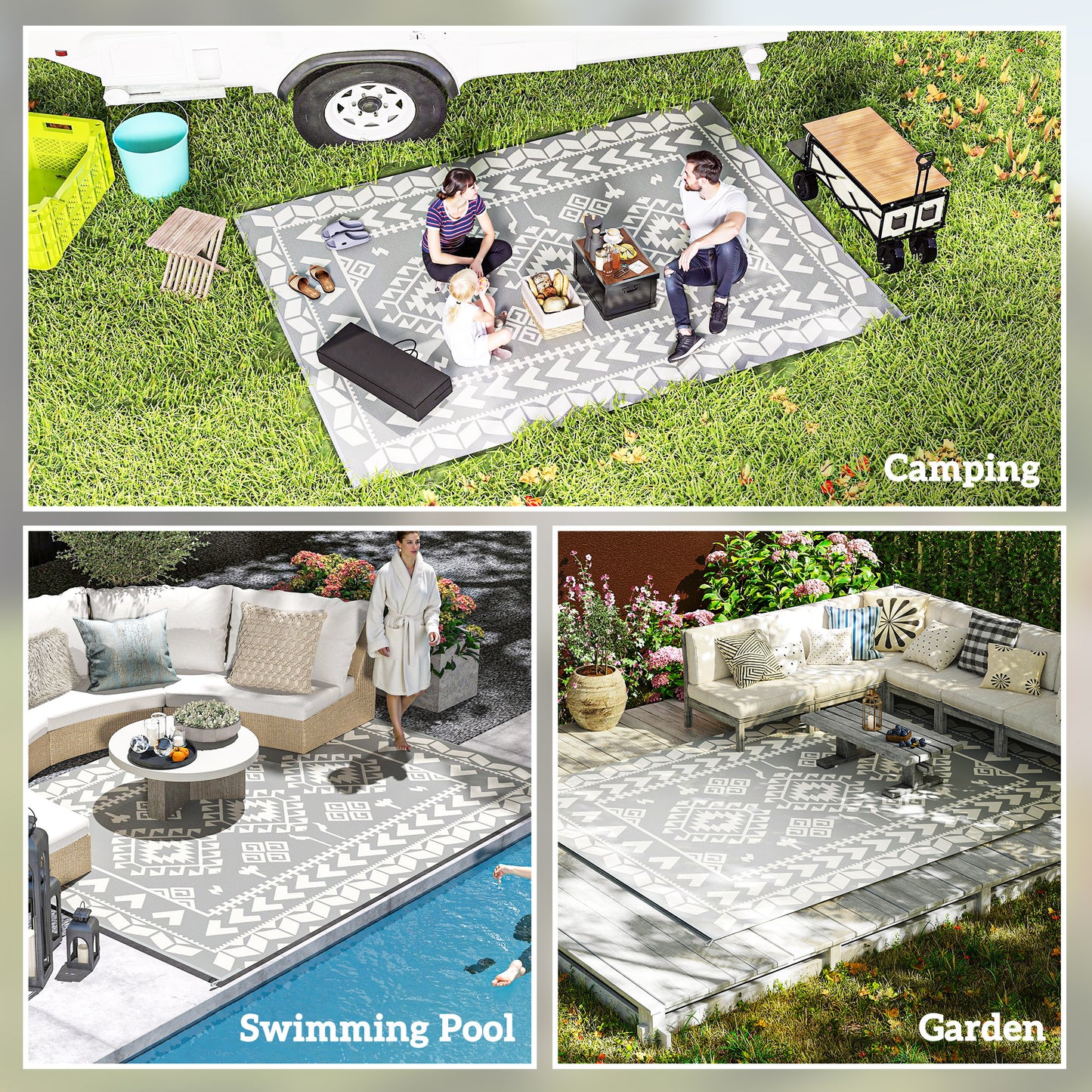 Reversible Outdoor Rug - Waterproof Gray & White Rhombus 9x12