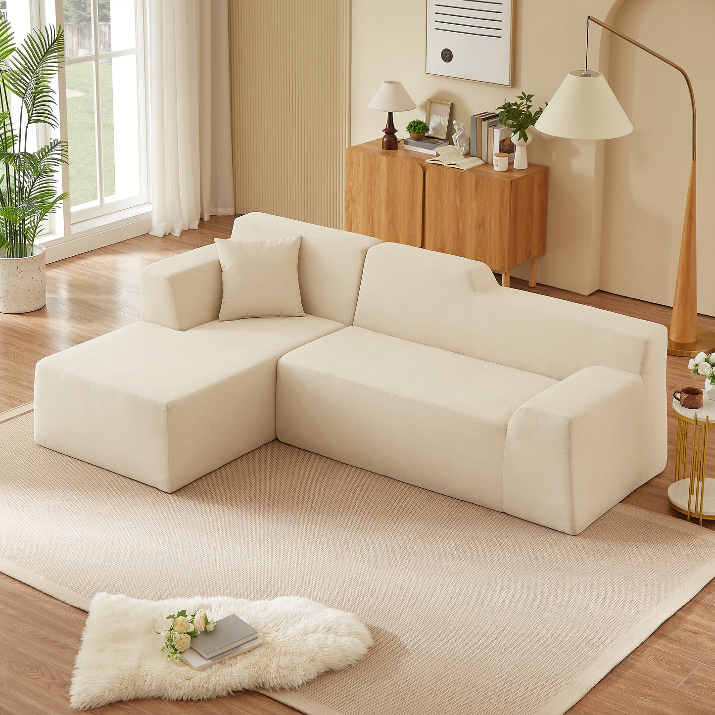 L-Shaped Minimalist Corduroy Sofa - High Back, Beige