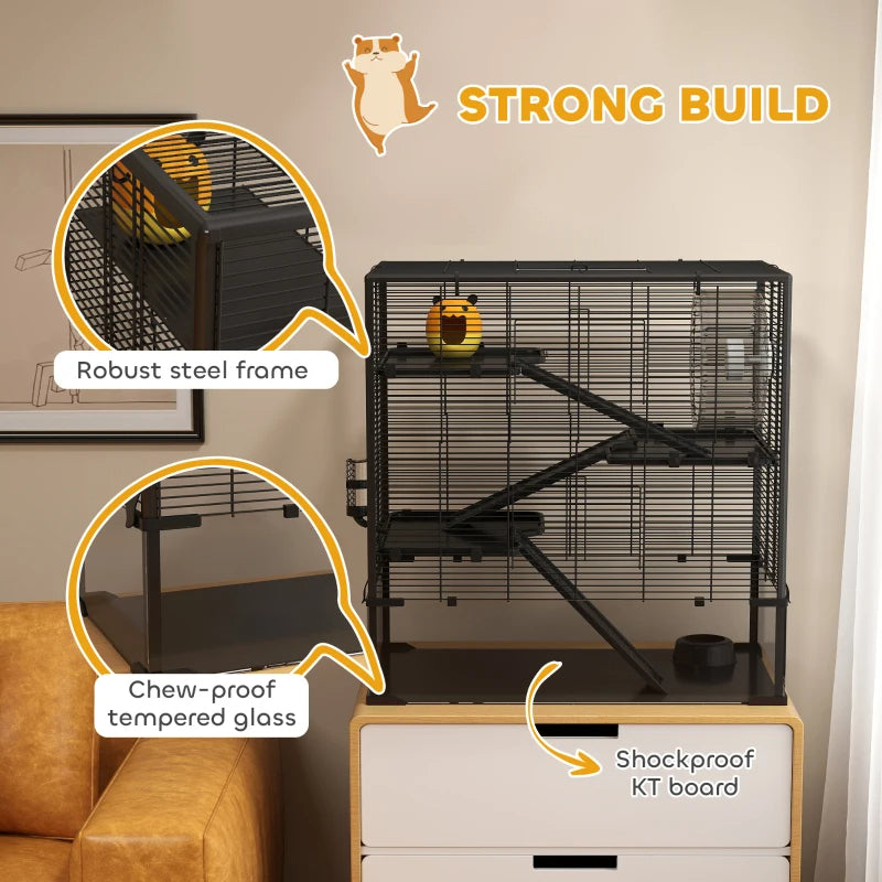 Multi-Level Hamster Cage with Tempered Glass Bottom, Running Wheel & Hut