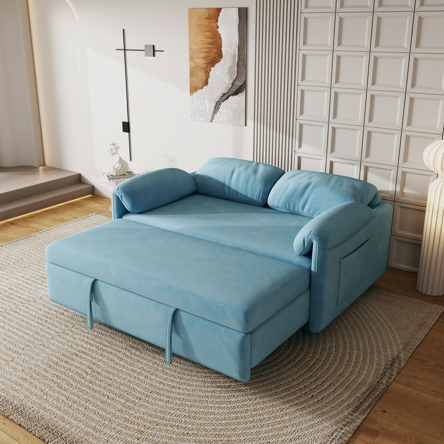 54" Velvet Blue Sofa Bed - Dual-Purpose Living Room Furniture