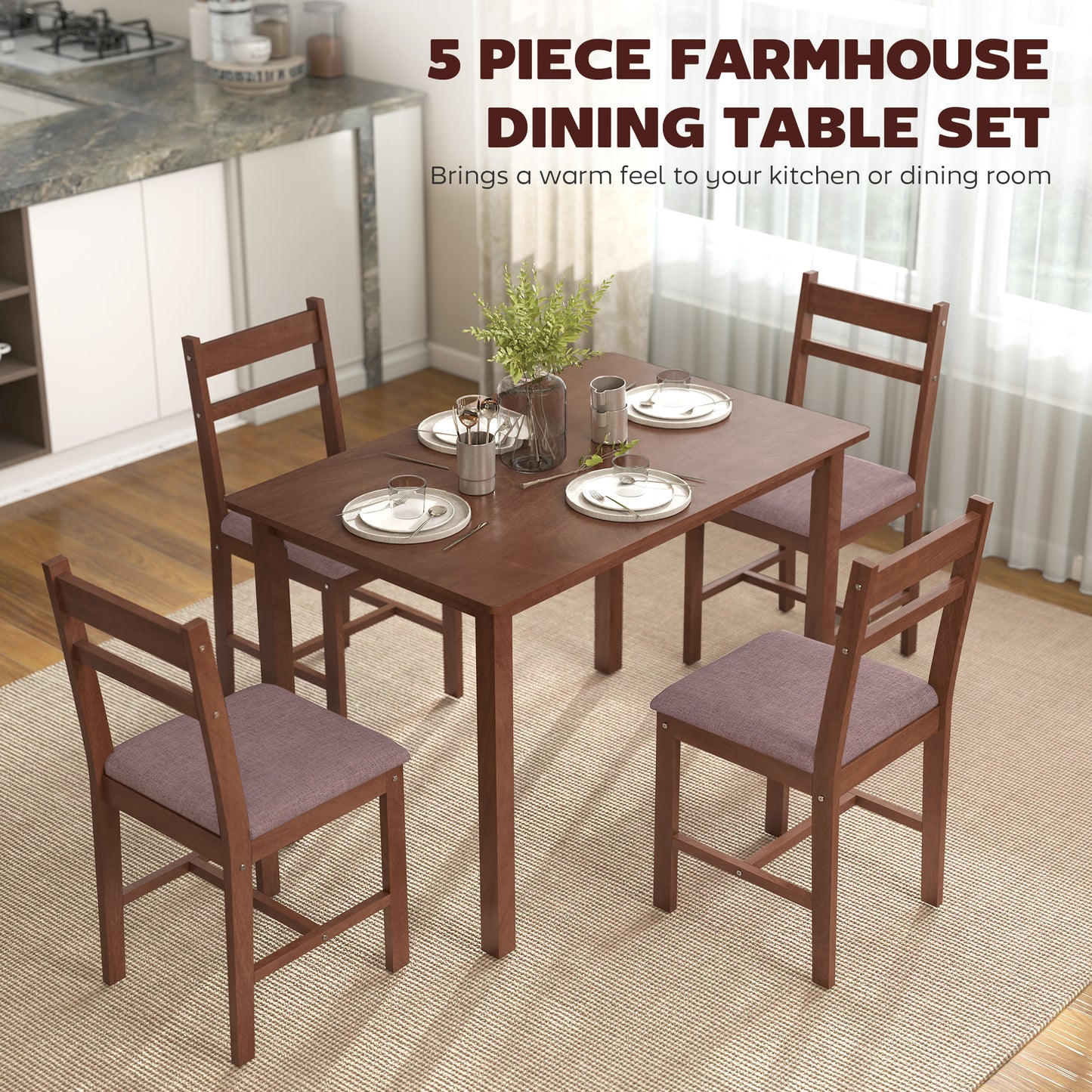 5-Piece Solid Wood Dining Table Set for 4, Farmhouse Kitchen with