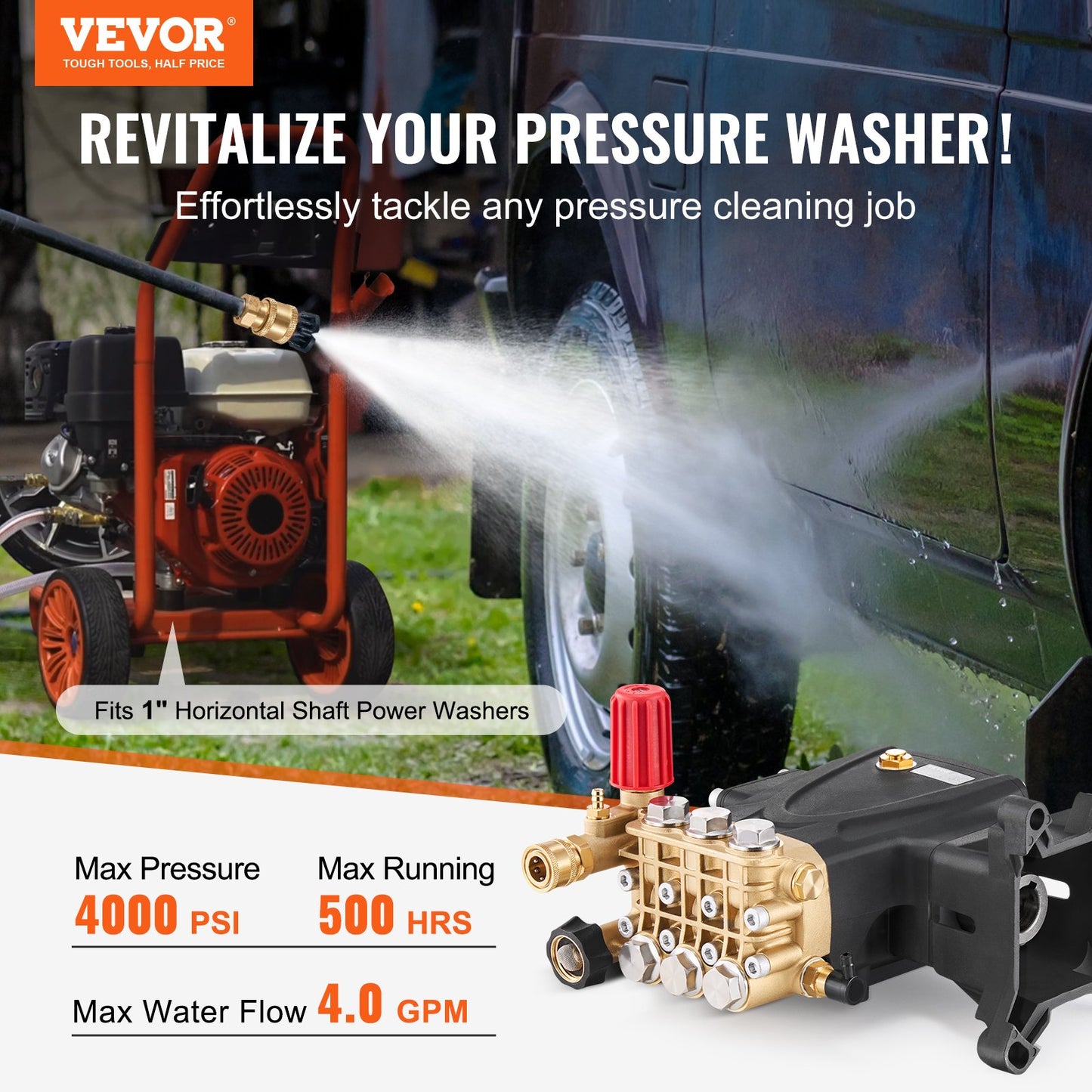 High-Pressure Washer Pump 4000 PSI 4.0 GPM Horizontal Triplex Shaft Black