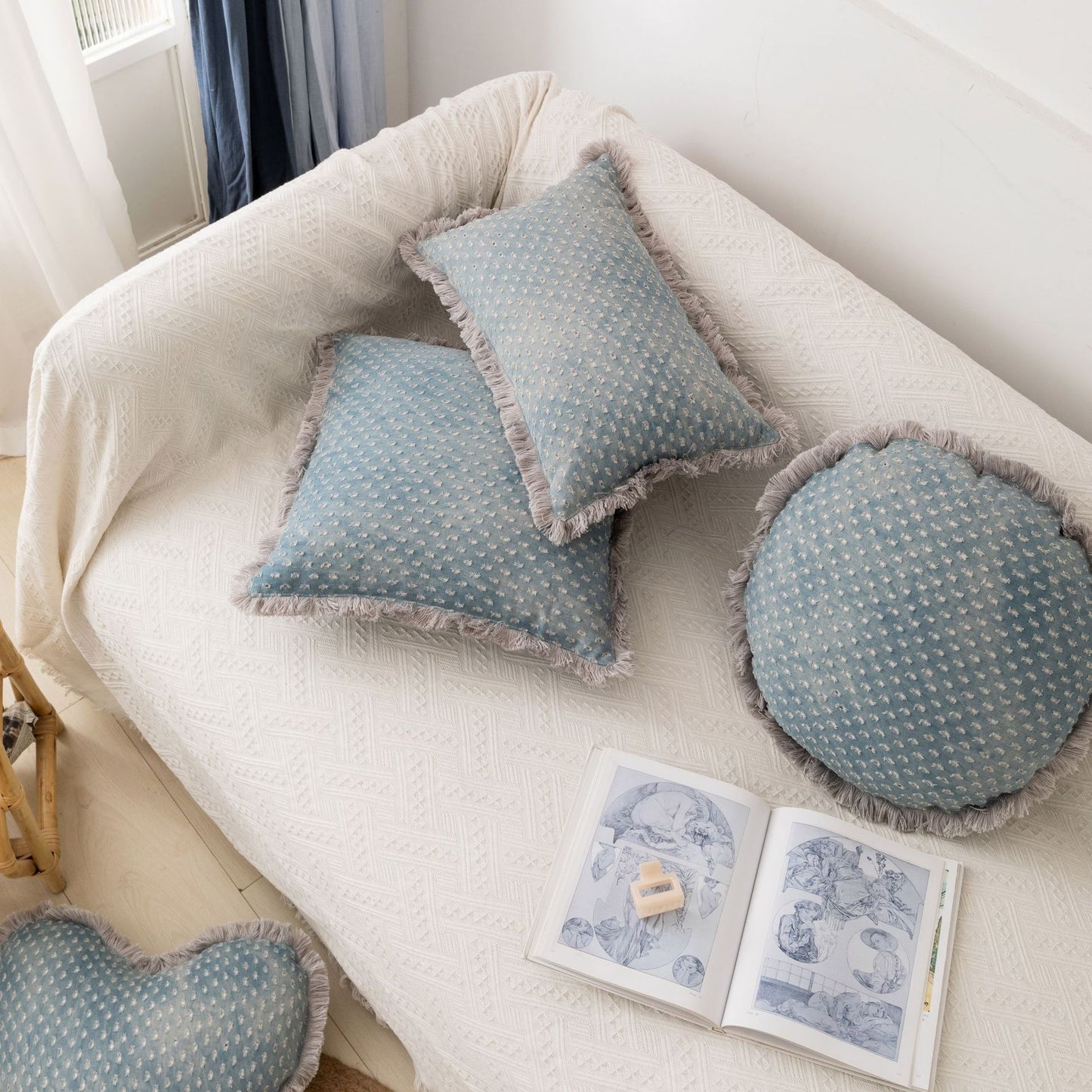 Denim Tassel Pillow Cover - Solid Color Home Decor Throw Pillow
